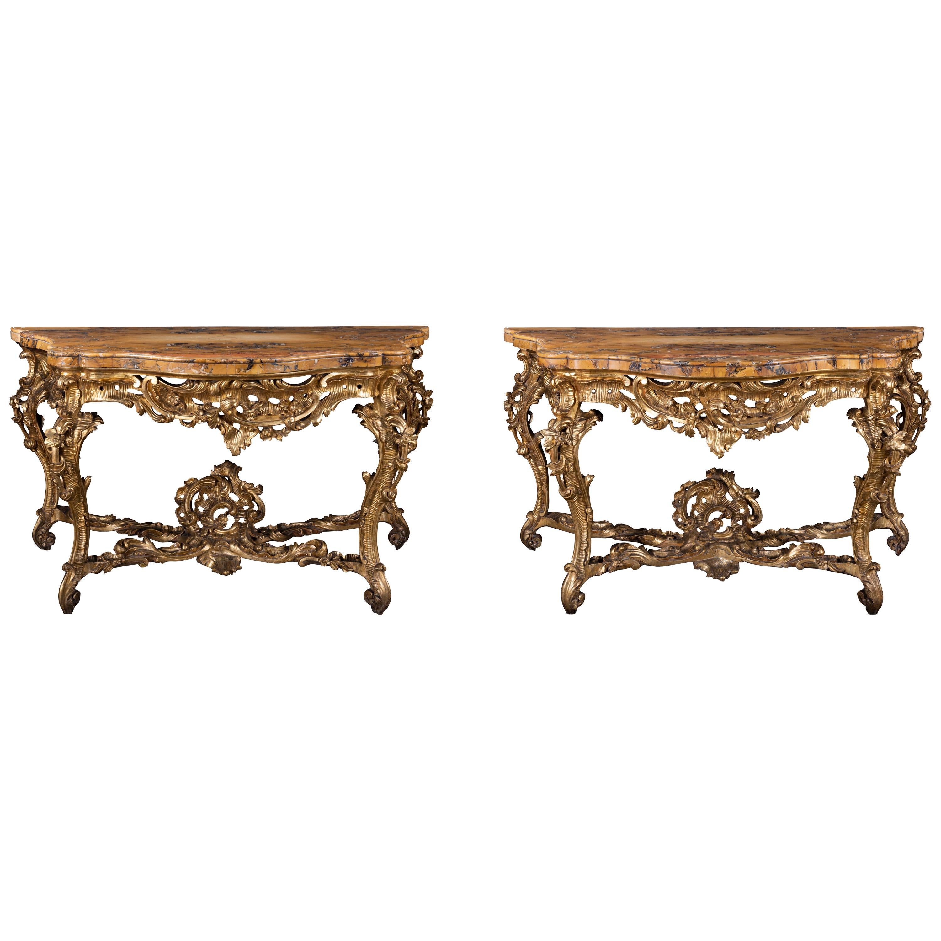 A Pair of Late 18th Century Siena Marble and Giltwood Consoles For Sale