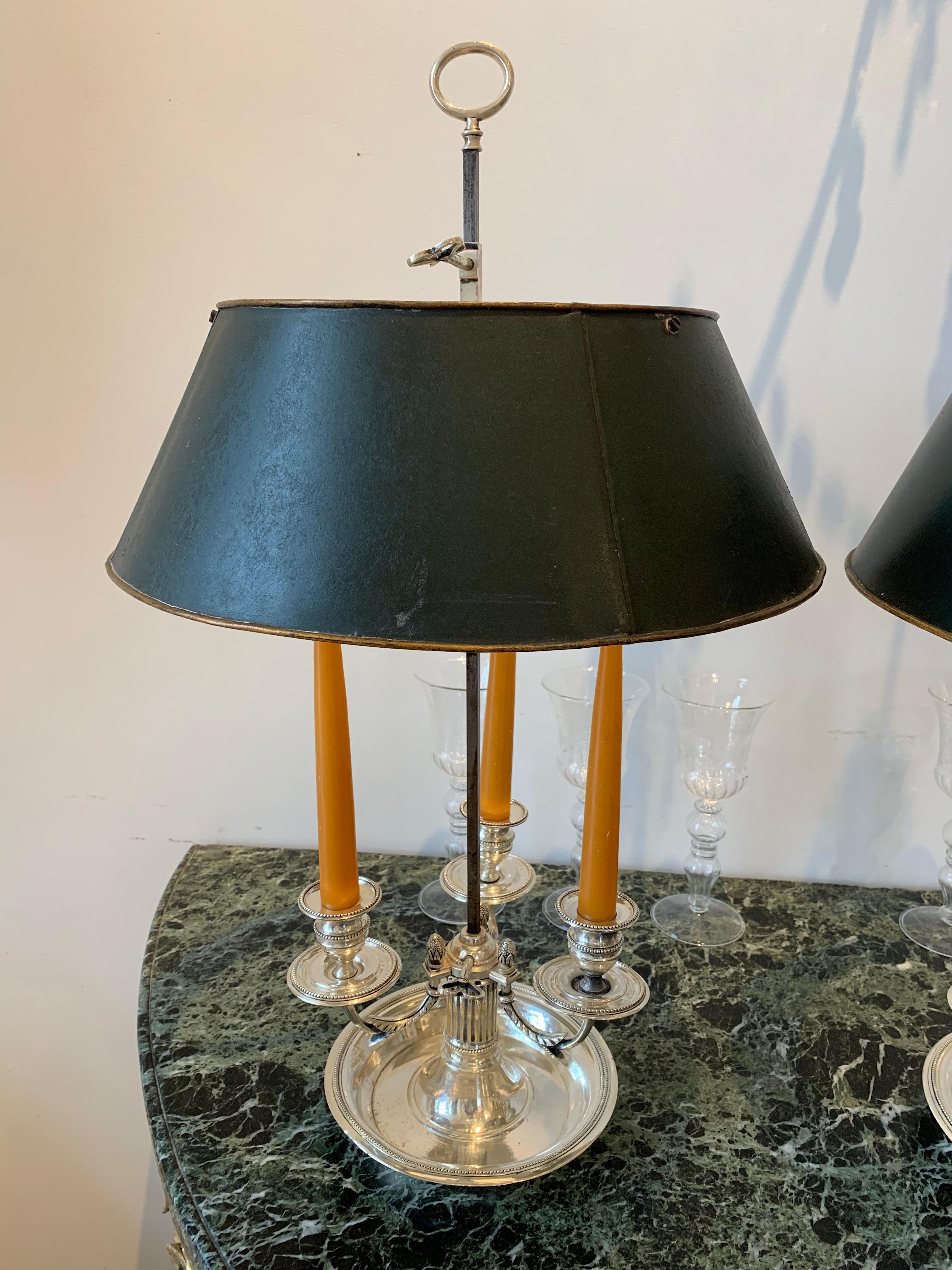Pair of Late 18th Century Silvered Bronze Bouillotte Lamps 1