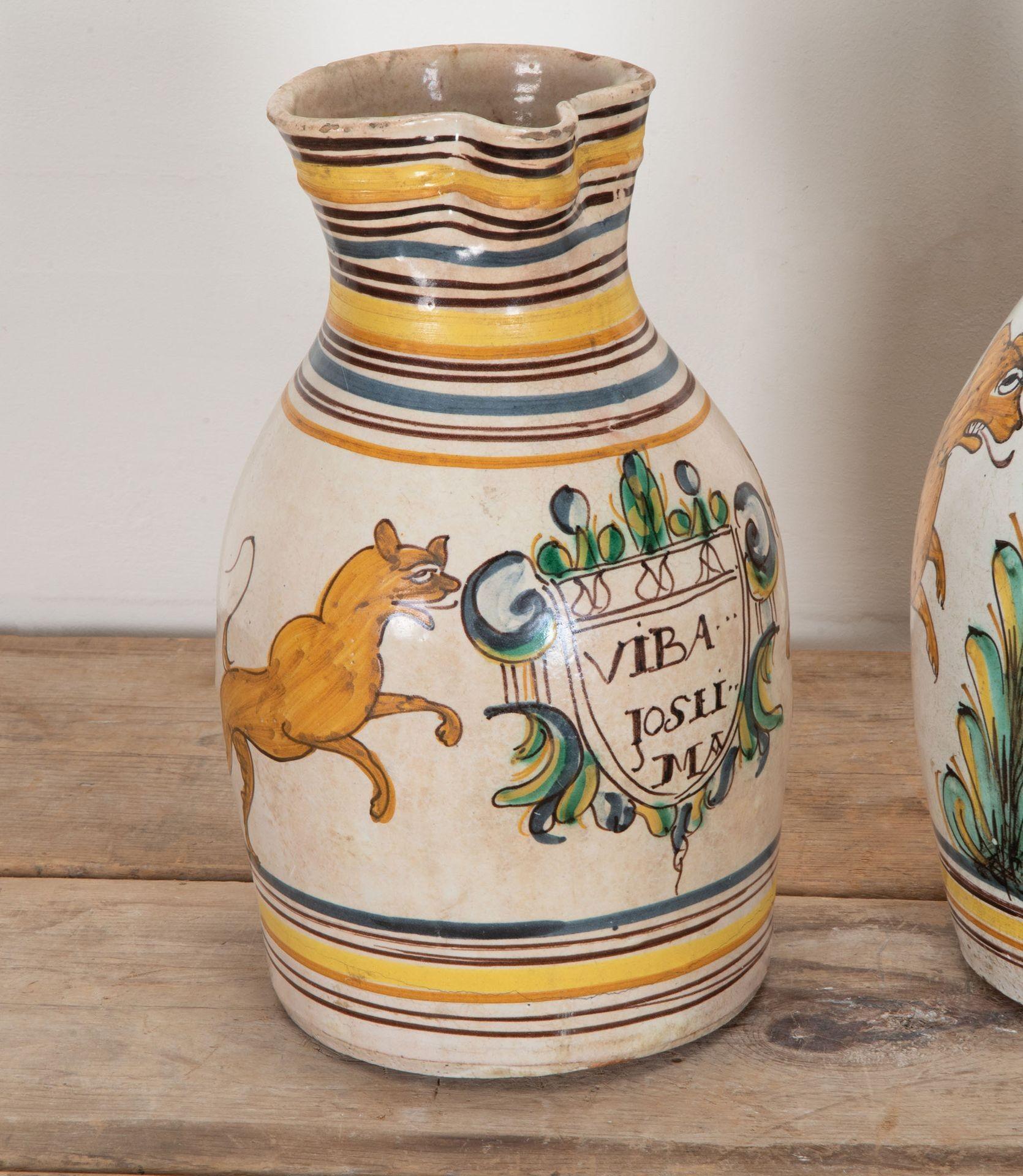 Polychromed Pair of Late 18th Century Spanish Puente del Arzobispo Jugs For Sale