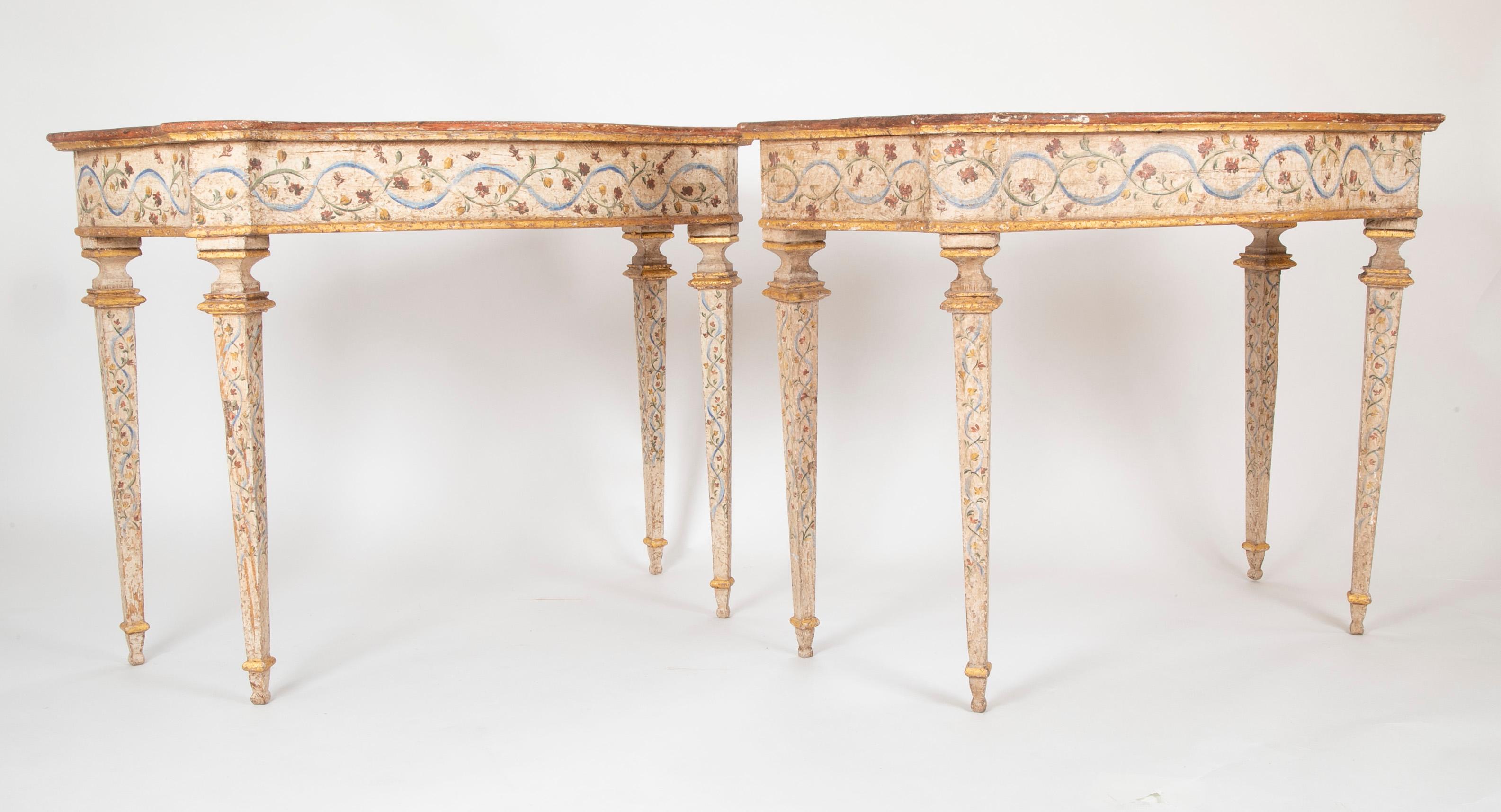 Pair of late 18th century Venetian painted consoles.  Italy.  Circa 1770 - 1790.