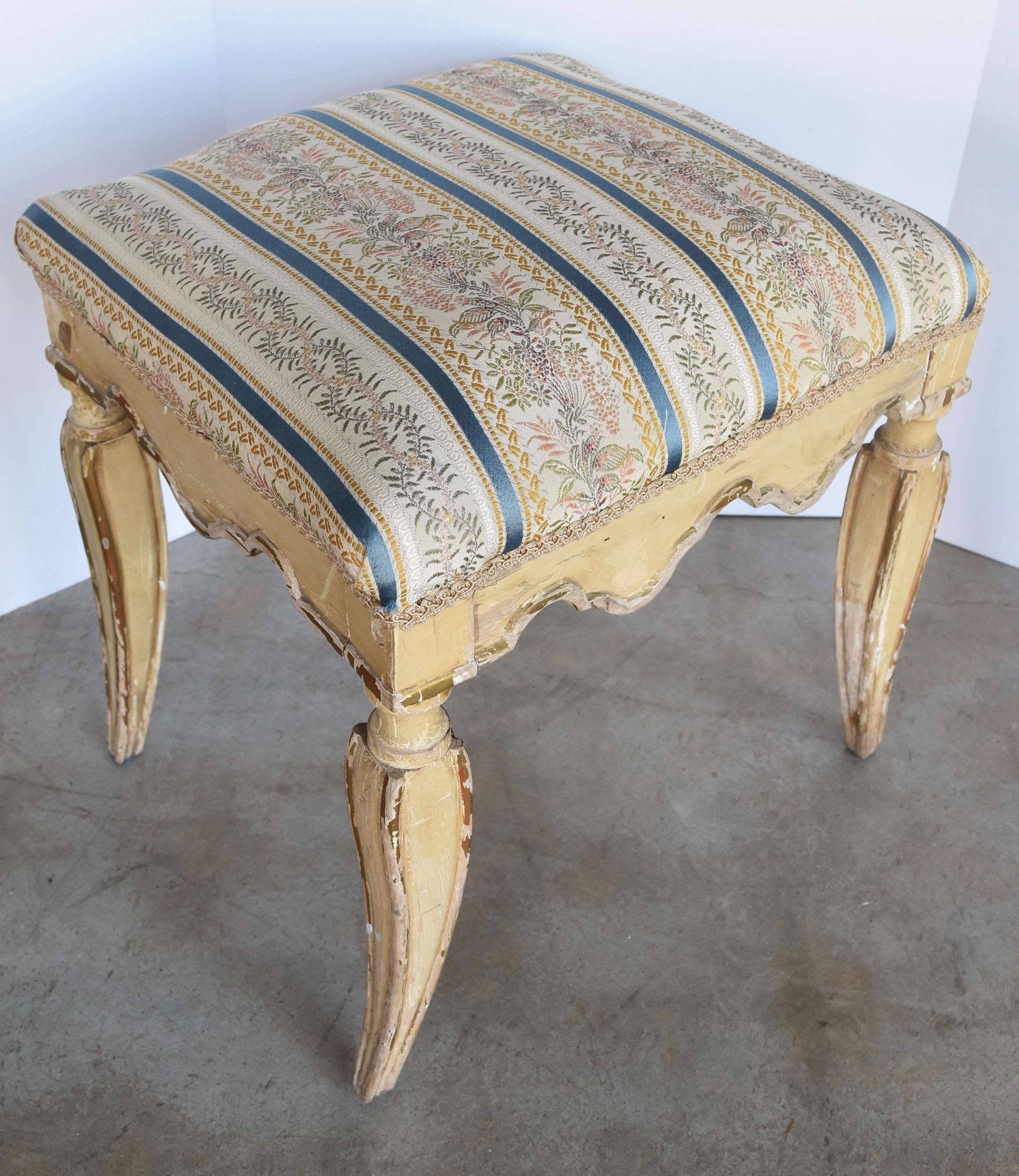 Pair of Late 18th Century Wooden Original Painted Italian Benches, Gold Touches In Fair Condition In Houston, TX