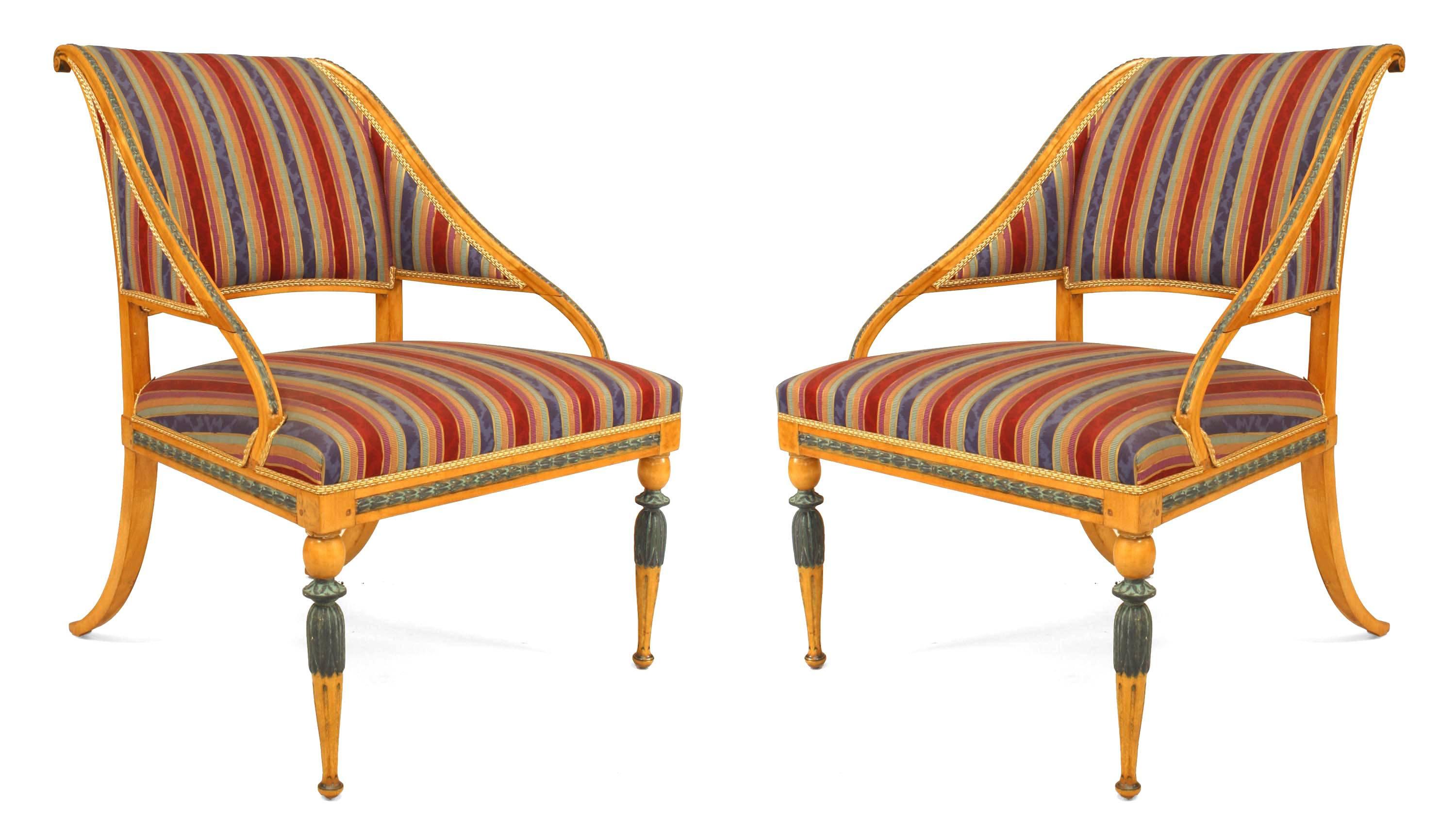 Pair of Swedish Neoclassic patinated composition & birch Armchairs with sleigh form back & seat upholstered in red & blue striped cotton. (late 18th/early 19th Cent)
