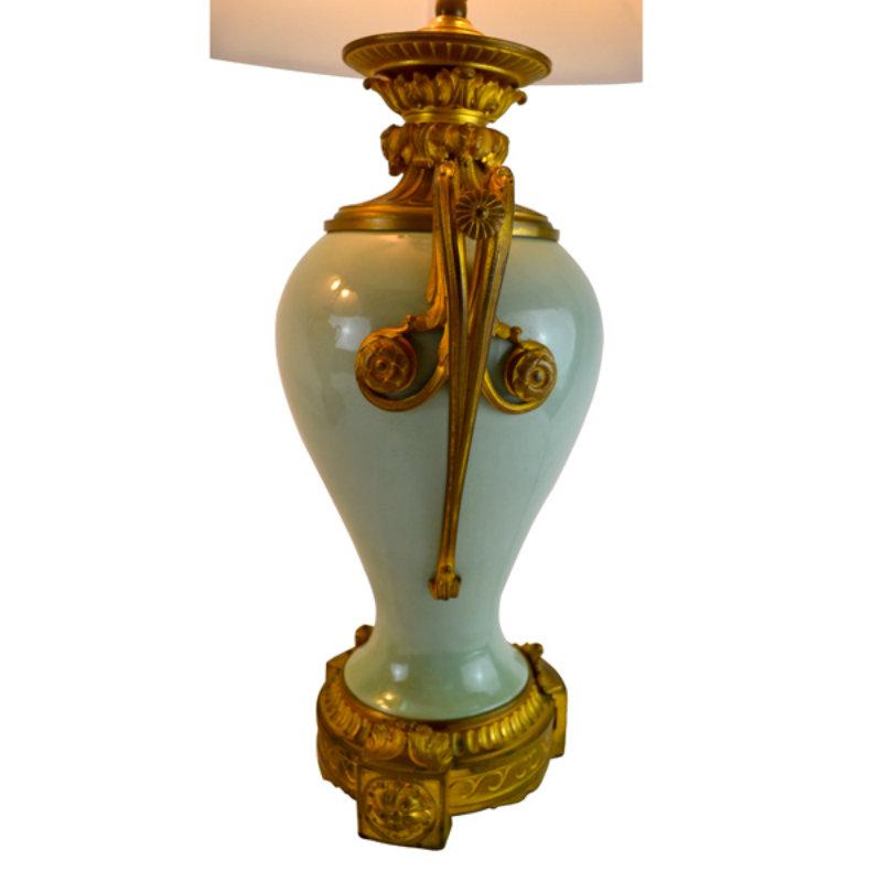 Glazed Pair of Late 19 Century Gilt Bronze-Mounted Chinese Celadon Vase Lamps