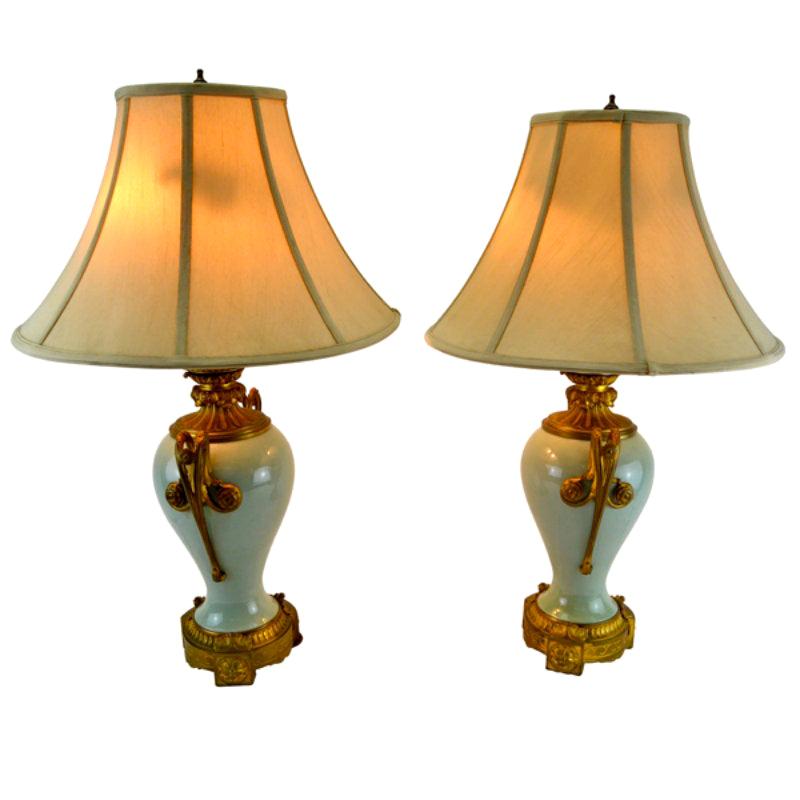 Pair of Late 19 Century Gilt Bronze-Mounted Chinese Celadon Vase Lamps