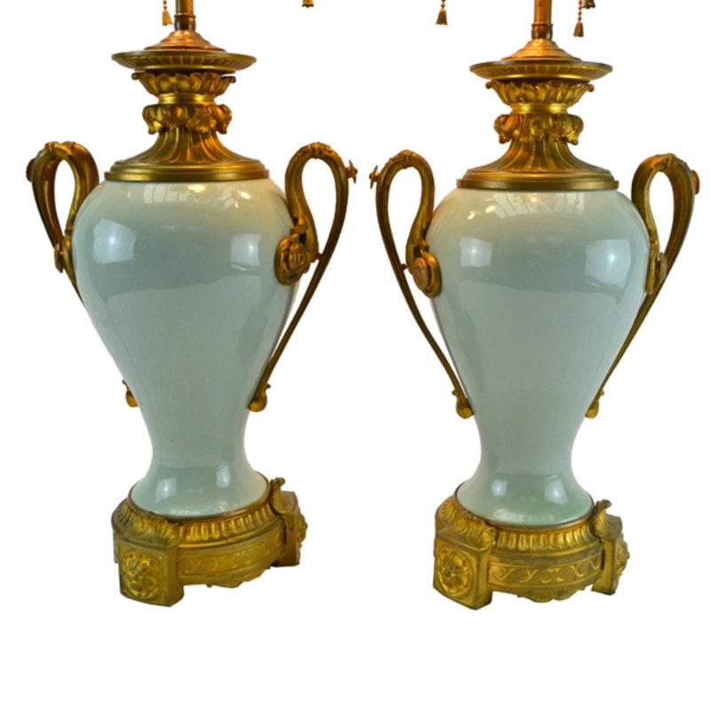 A pair of late 19th century Chinese celadon porcelain vases the with French gilt bronze mounts. Oriental porcelains were extremely fashionable throughout the 18th and 19th century in Europe and many of them were further embellished in gilded bronze.