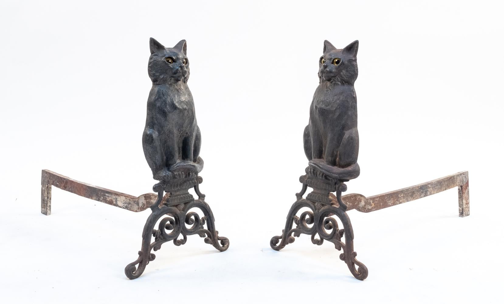 Arts and Crafts Pair of Late 19th C Cast Iron Black Cat Andirons Attr. to Peck, Stow & Wilcox