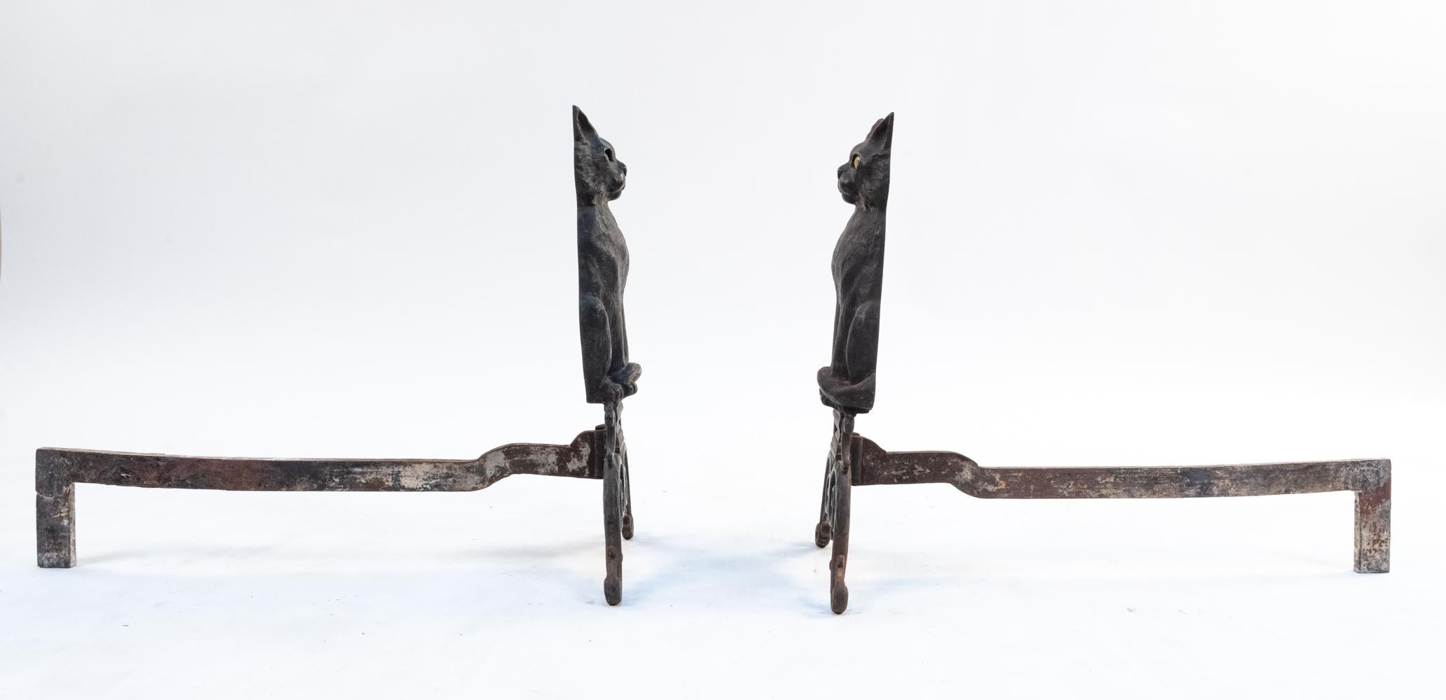 American Pair of Late 19th C Cast Iron Black Cat Andirons Attr. to Peck, Stow & Wilcox