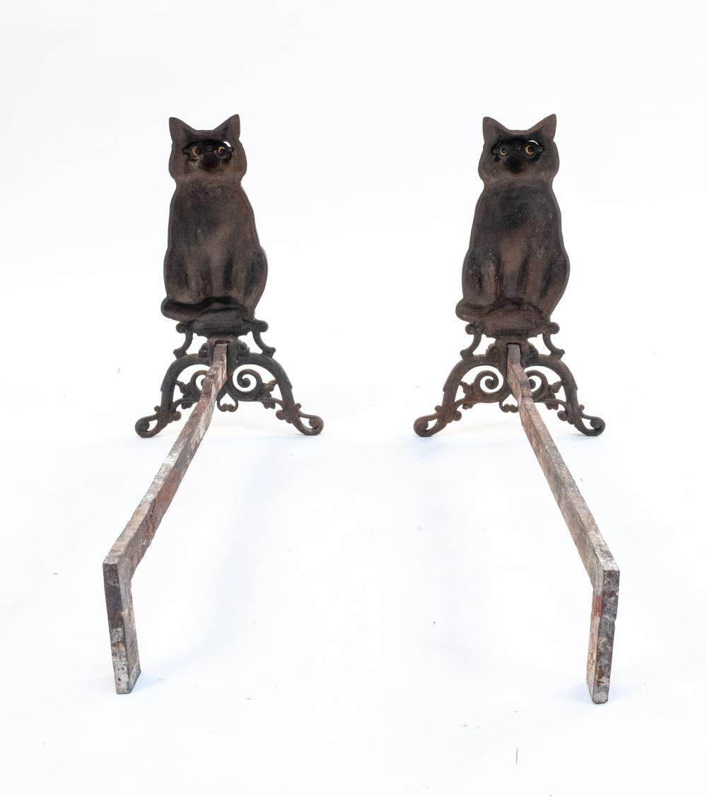 Pair of Late 19th C Cast Iron Black Cat Andirons Attr. to Peck, Stow & Wilcox In Good Condition In Norwalk, CT