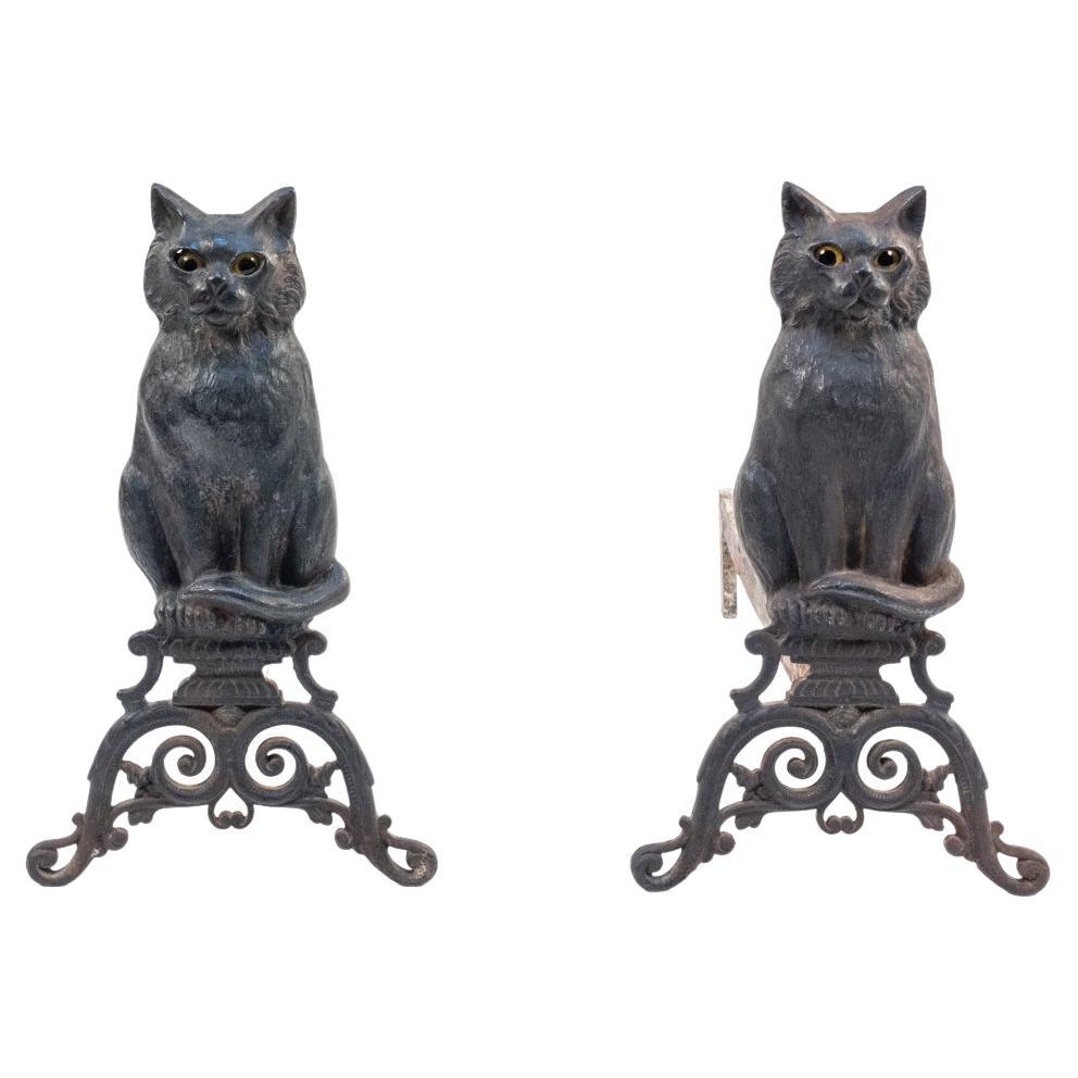 Pair of Late 19th C Cast Iron Black Cat Andirons Attr. to Peck, Stow & Wilcox