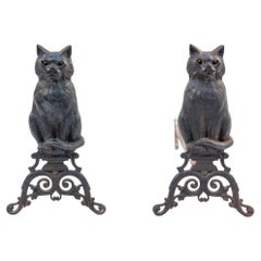 Antique Pair of Late 19th C Cast Iron Black Cat Andirons Attr. to Peck, Stow & Wilcox