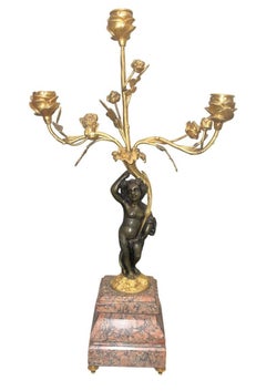 Pair of Late 19th C. French Belle Époque Candelabras Bronze, Gilt Metal & Marble