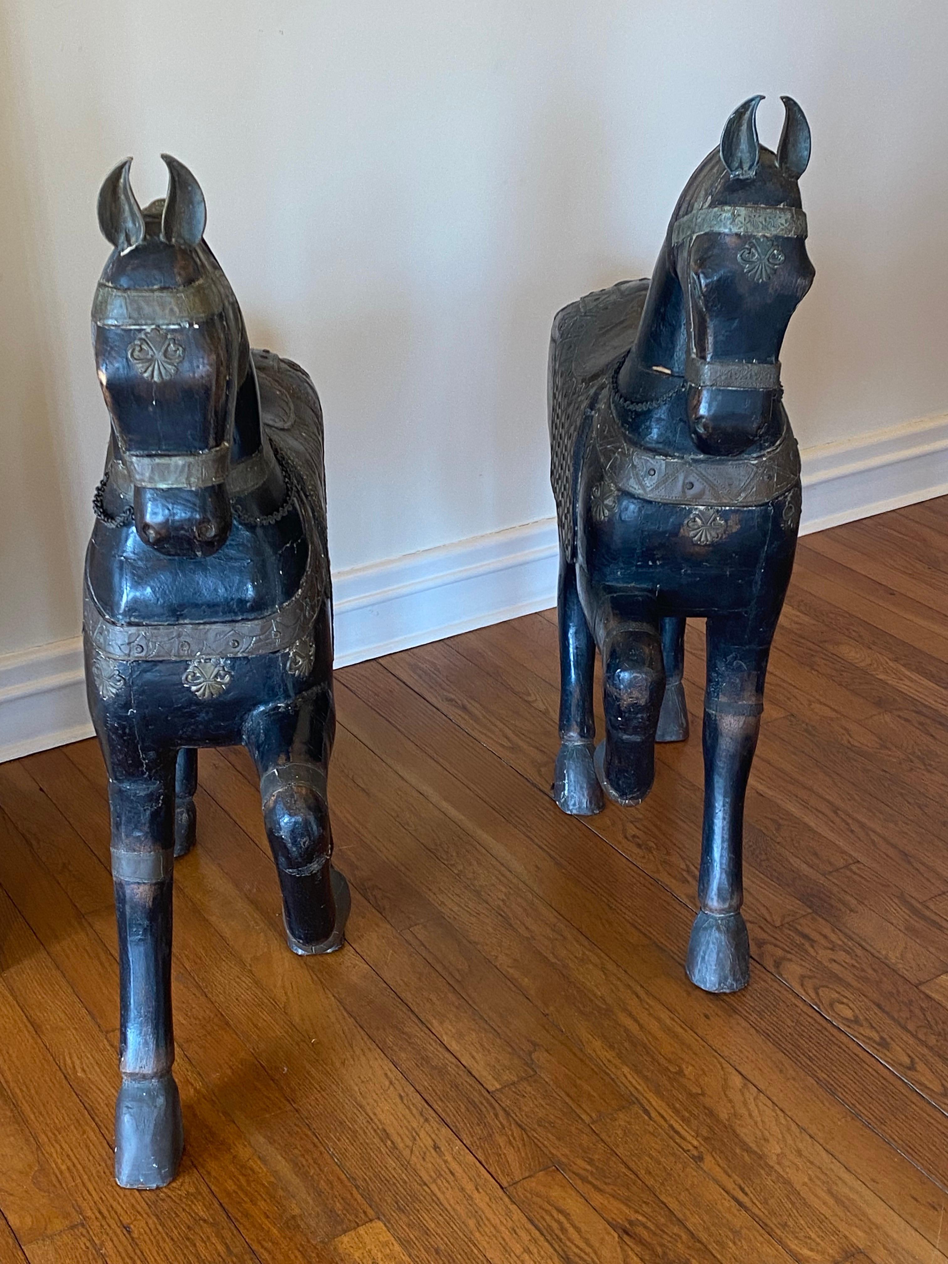 Pair of Late 19th C Indian Carved Wood Painted Horse Sculptures For Sale 5