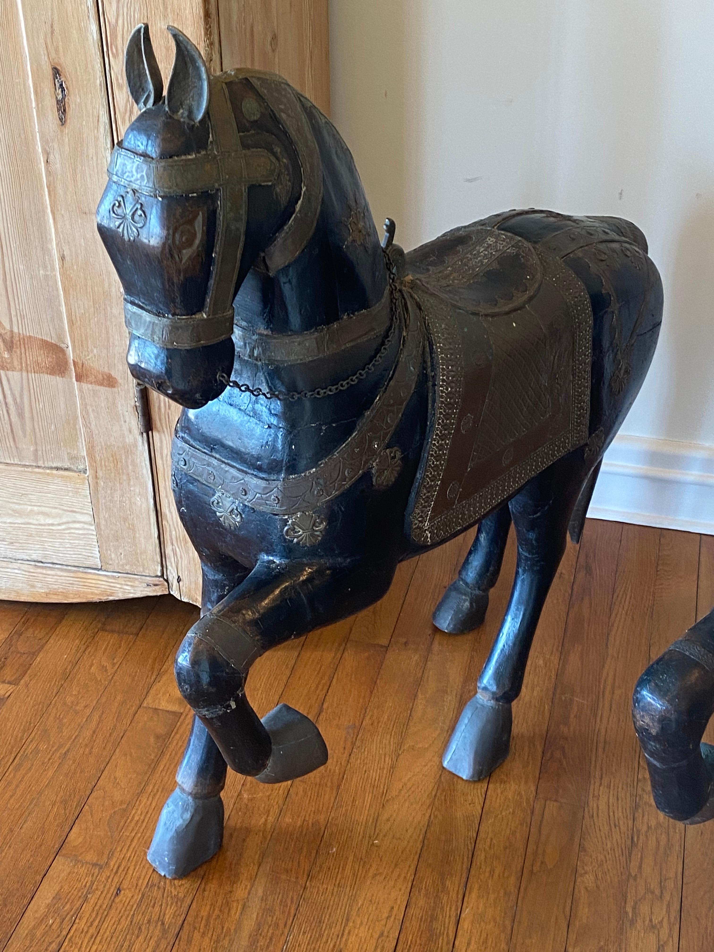 Pair of Late 19th C Indian Carved Wood Painted Horse Sculptures For Sale 6