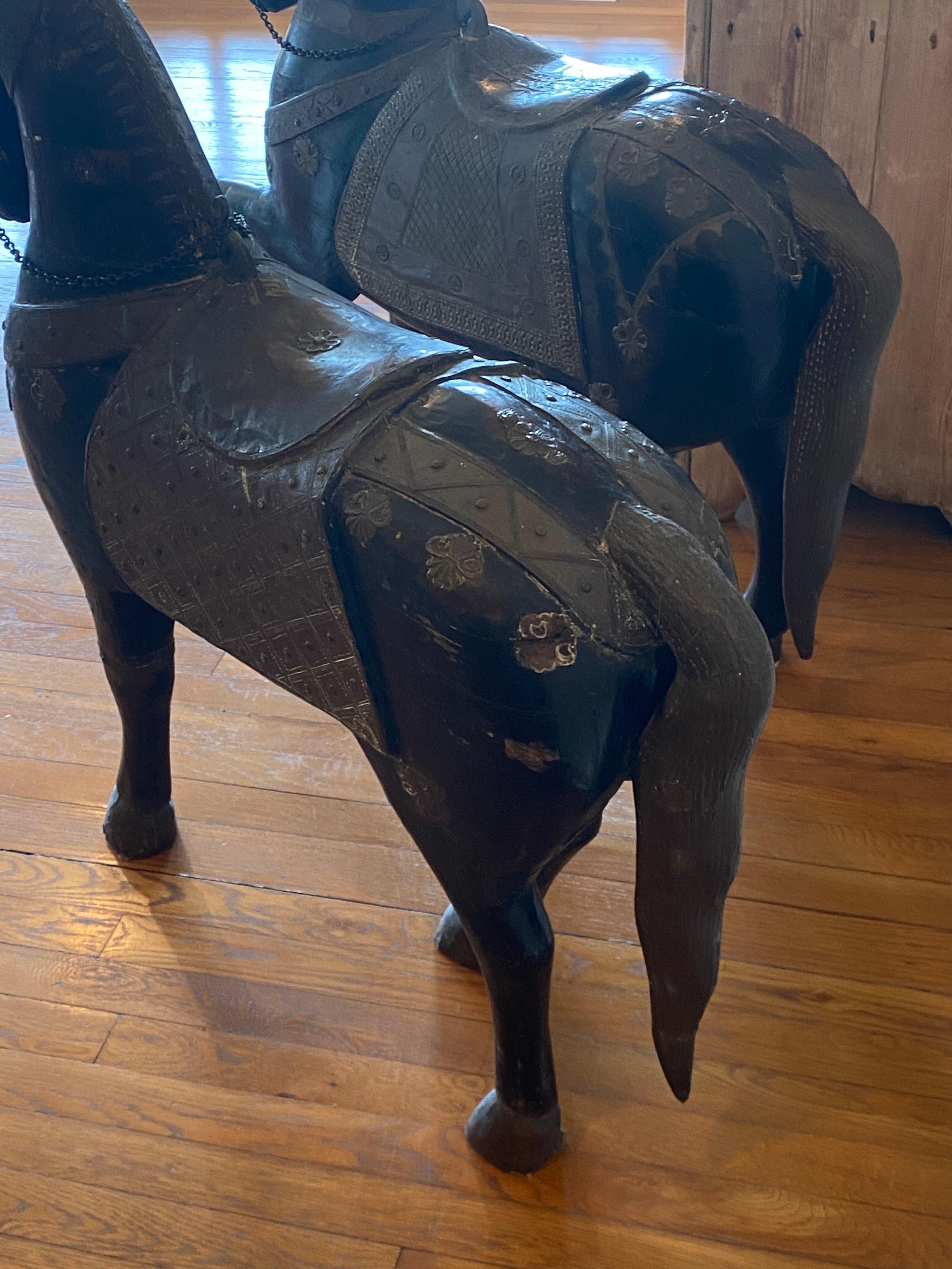 Pair of Late 19th C Indian Carved Wood Painted Horse Sculptures For Sale 8