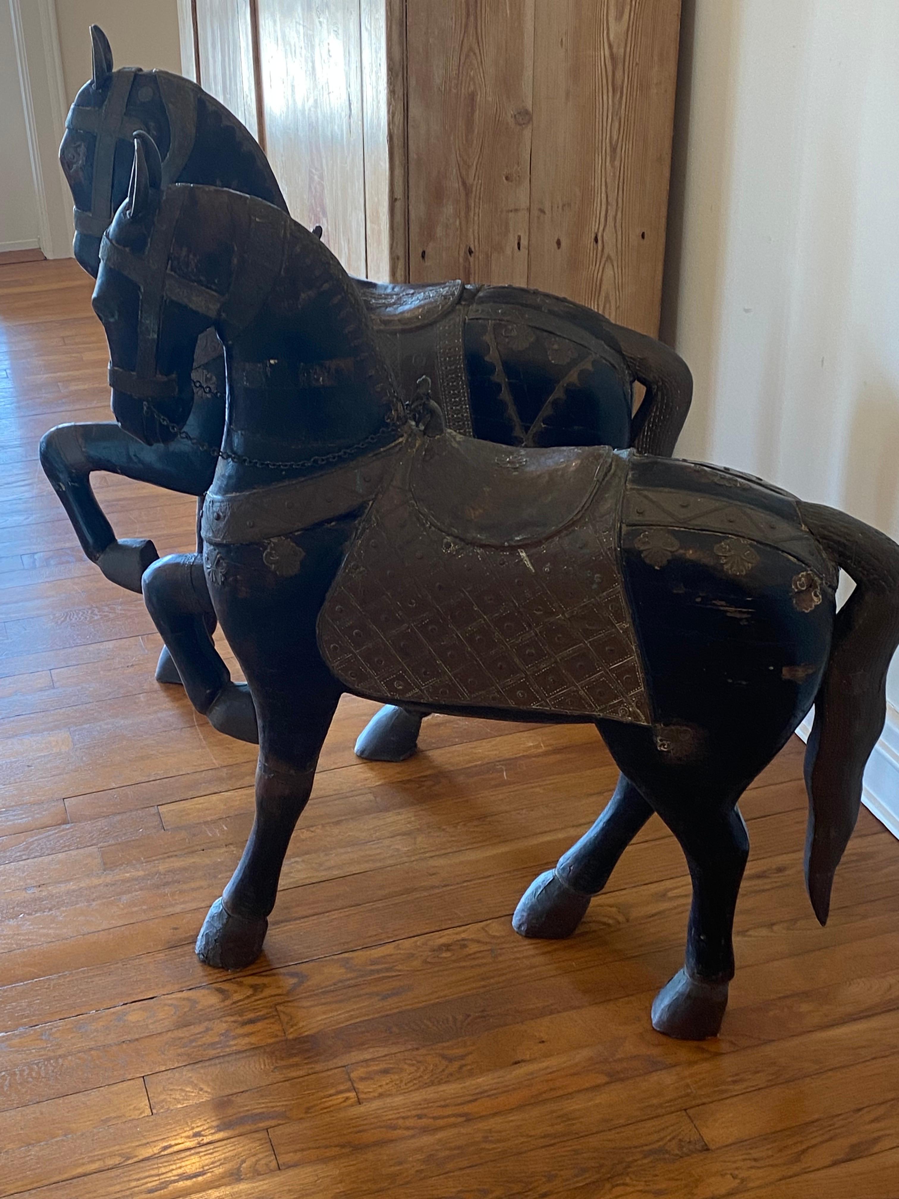 Pair of Late 19th C Indian Carved Wood Painted Horse Sculptures For Sale 10