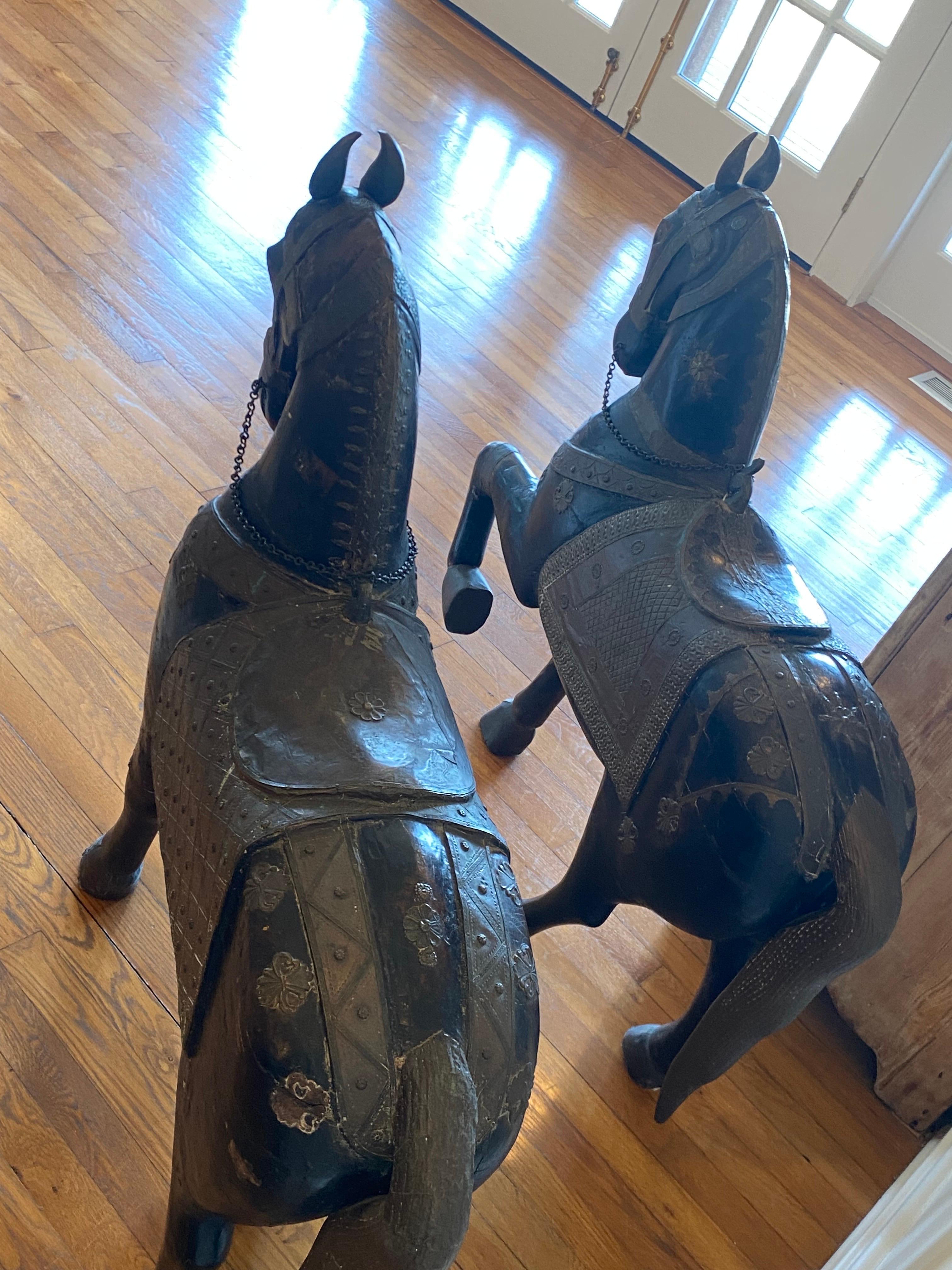 Pair of Late 19th C Indian Carved Wood Painted Horse Sculptures For Sale 11