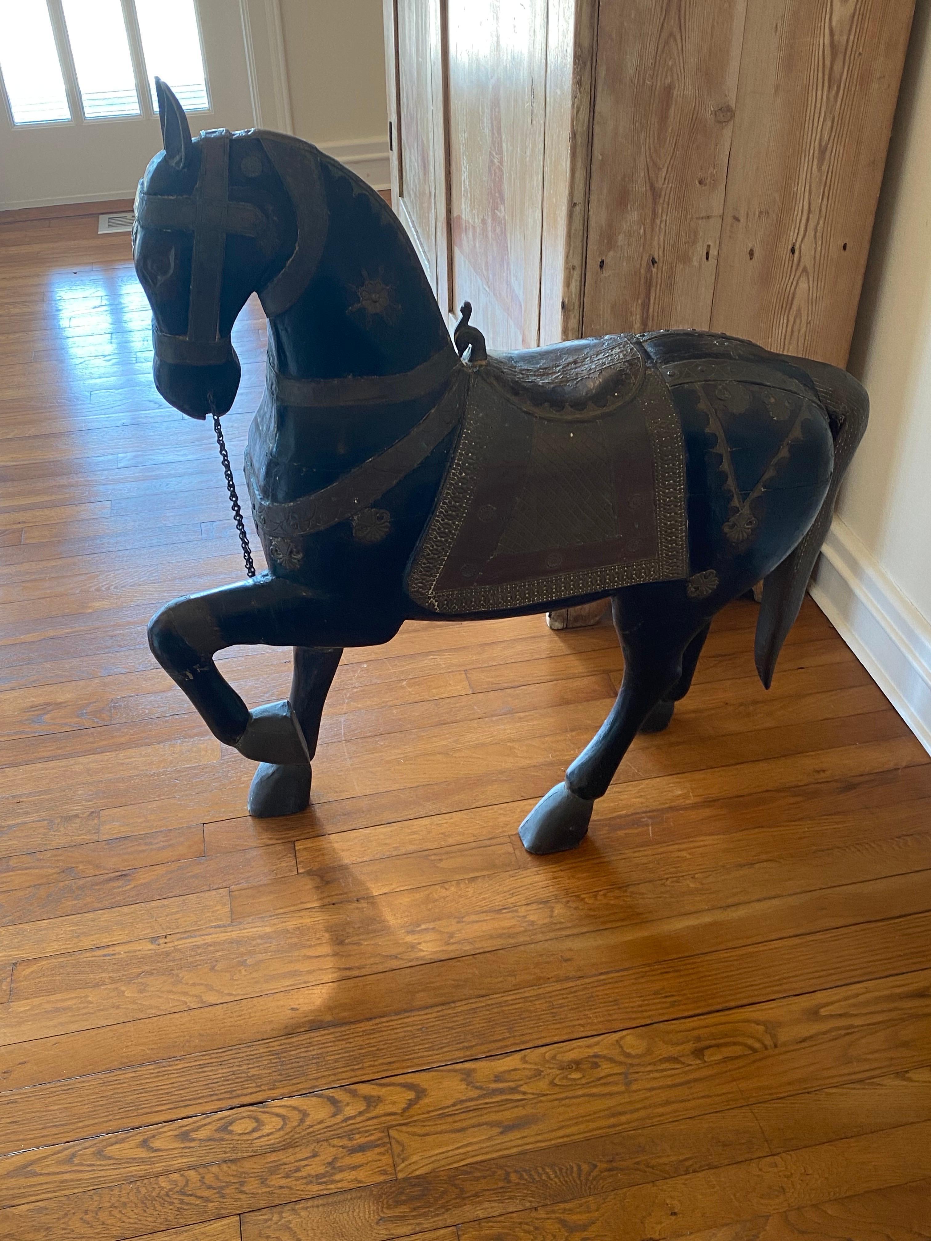 Pair of Late 19th C Indian Carved Wood Painted Horse Sculptures 2