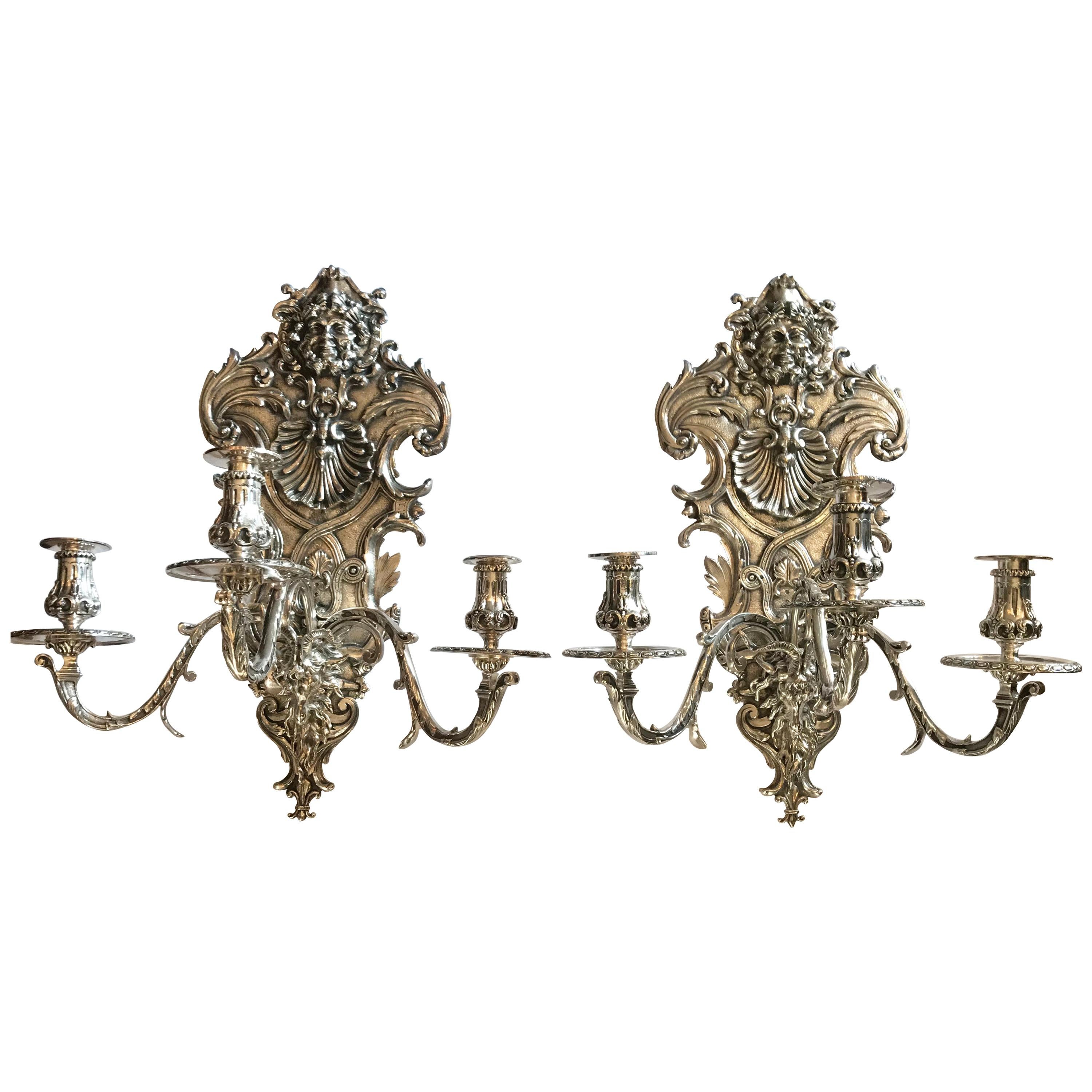 Pair of Late 19th C. Silver Plated Louis XIV Style 3-Light Wall Sconces light LA