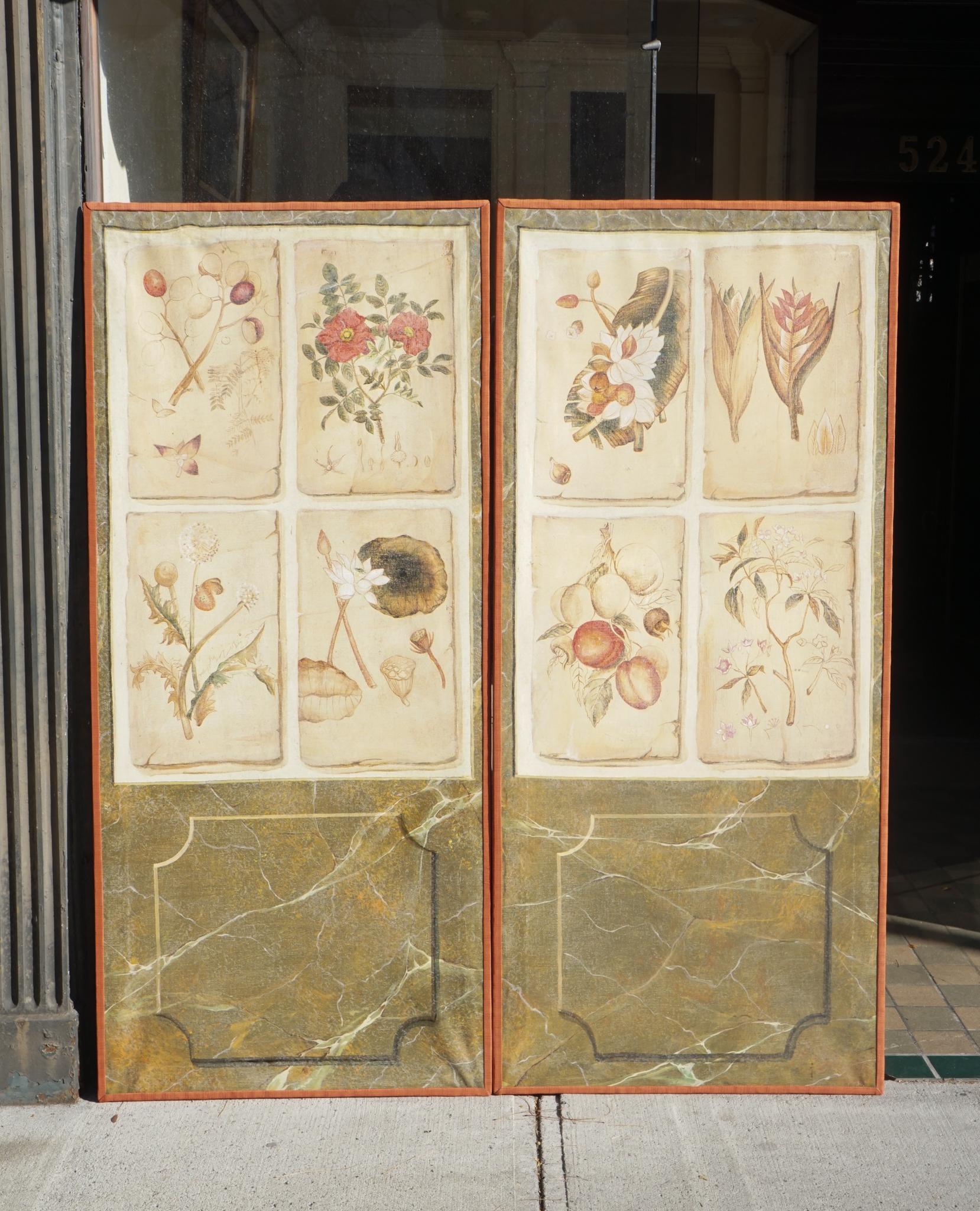 This pair of mid-19th century painted canvas panels probably formed at one point a three or four-panel screen and come from the theme of four botanical specimens attached to a marbleized raise panel wall is lively and charming without being too
