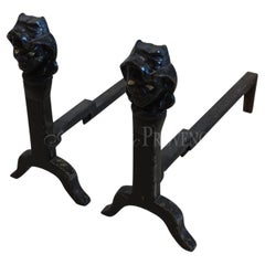 Pair of Late 19th Century American Andirons with Sculpted Face