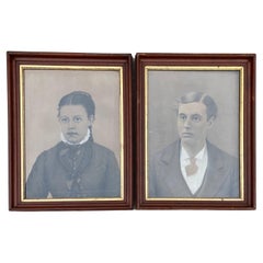 Pair of Late 19th Century American Chalk Drawing Portraits in Antique Frames