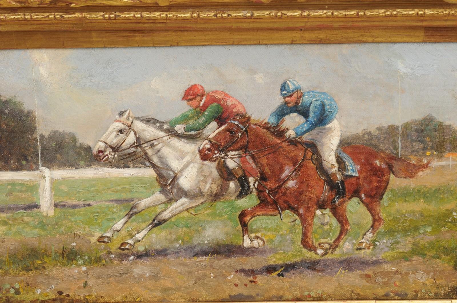 Pair of Late 19th Century American Oil Horse Racing Paintings in Giltwood Frames For Sale 2