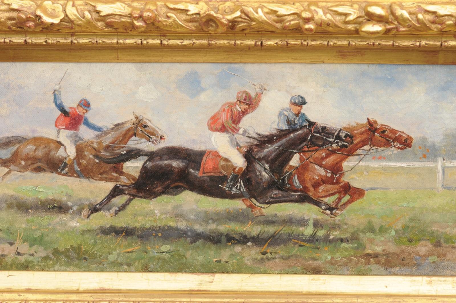 Pair of Late 19th Century American Oil Horse Racing Paintings in Giltwood Frames For Sale 3