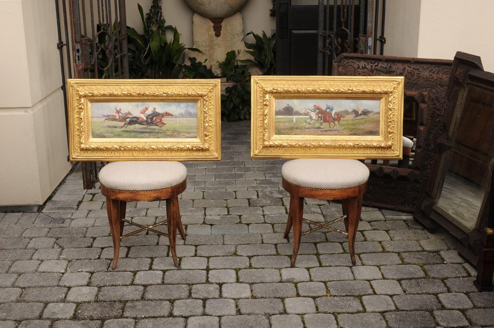 Pair of Late 19th Century American Oil Horse Racing Paintings in Giltwood Frames For Sale 6
