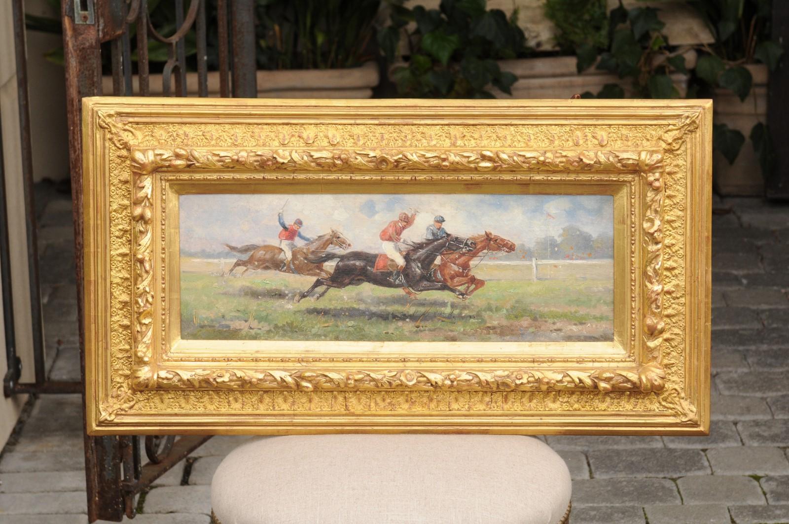 Pair of Late 19th Century American Oil Horse Racing Paintings in Giltwood Frames For Sale 7