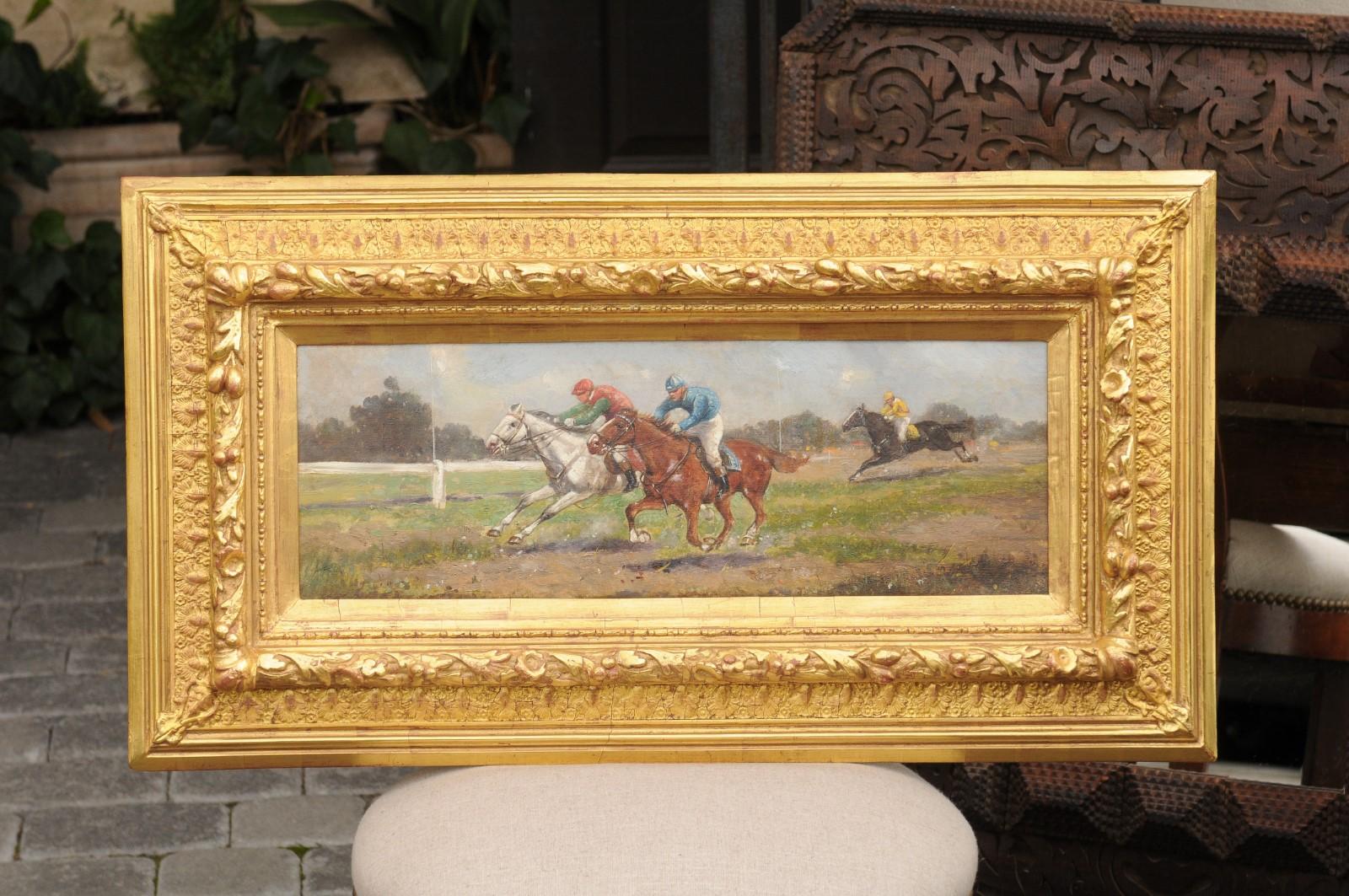 Pair of Late 19th Century American Oil Horse Racing Paintings in Giltwood Frames For Sale 8