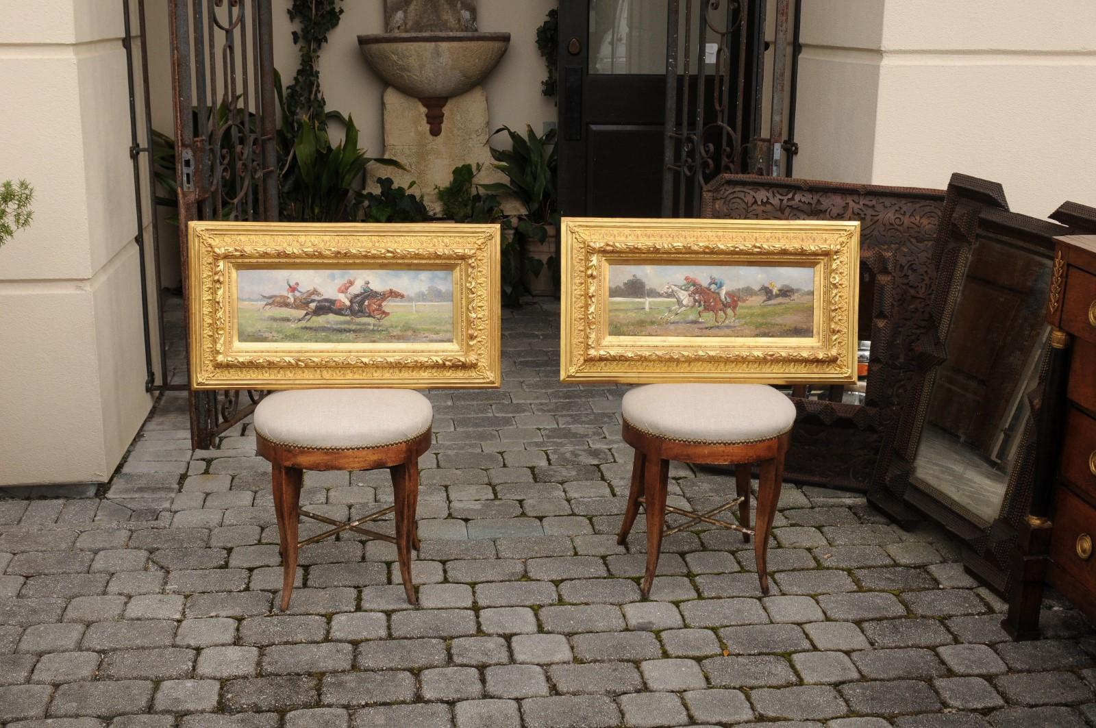 Pair of Late 19th Century American Oil Horse Racing Paintings in Giltwood Frames For Sale 9