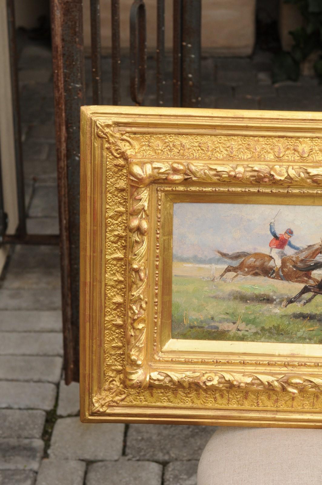Pair of Late 19th Century American Oil Horse Racing Paintings in Giltwood Frames For Sale 10