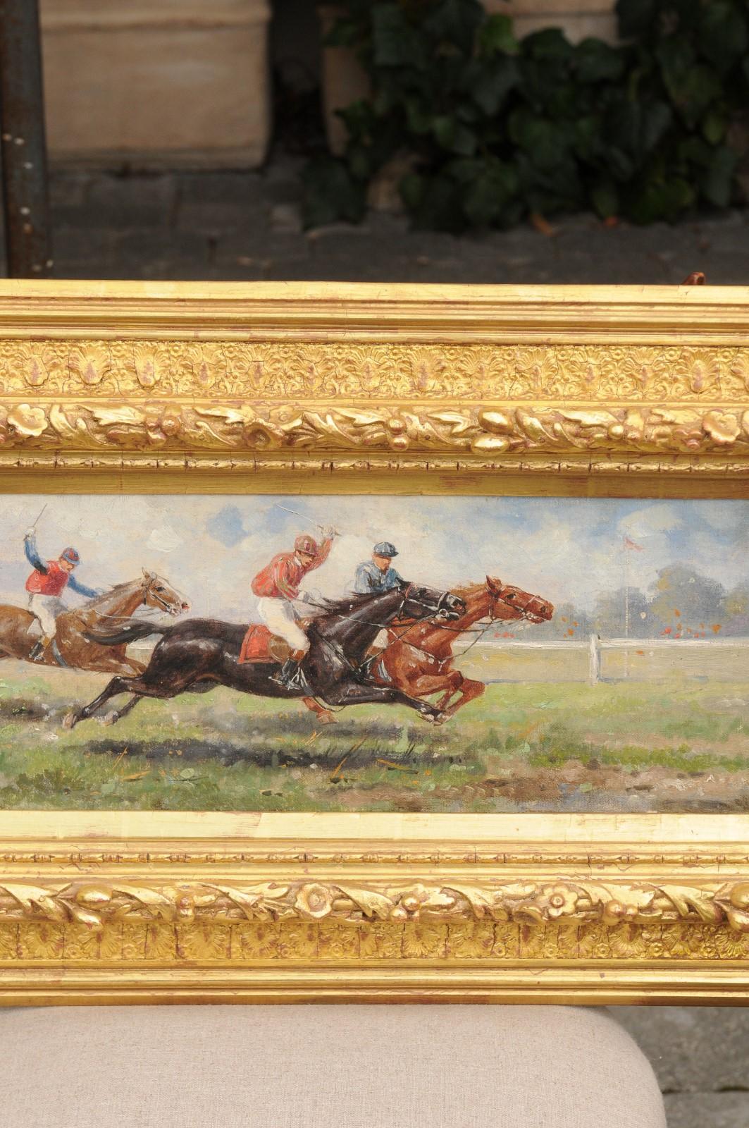 A pair of American horizontal oil on canvas paintings from the late 19th century, depicting horse races and set inside giltwood frames. This captivating pair of late 19th-century American oil on canvas paintings vividly brings to life the dynamic