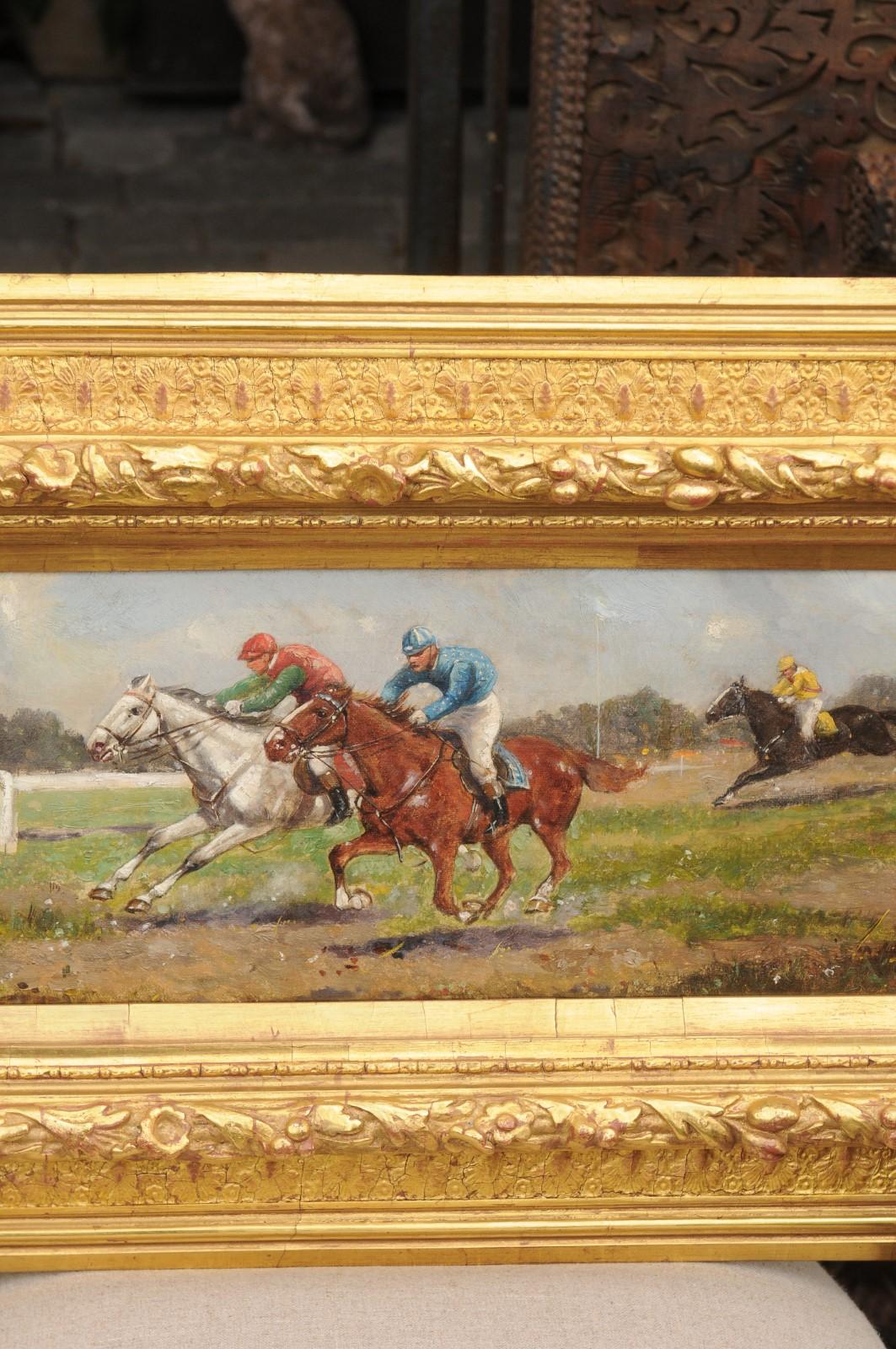 Carved Pair of Late 19th Century American Oil Horse Racing Paintings in Giltwood Frames For Sale
