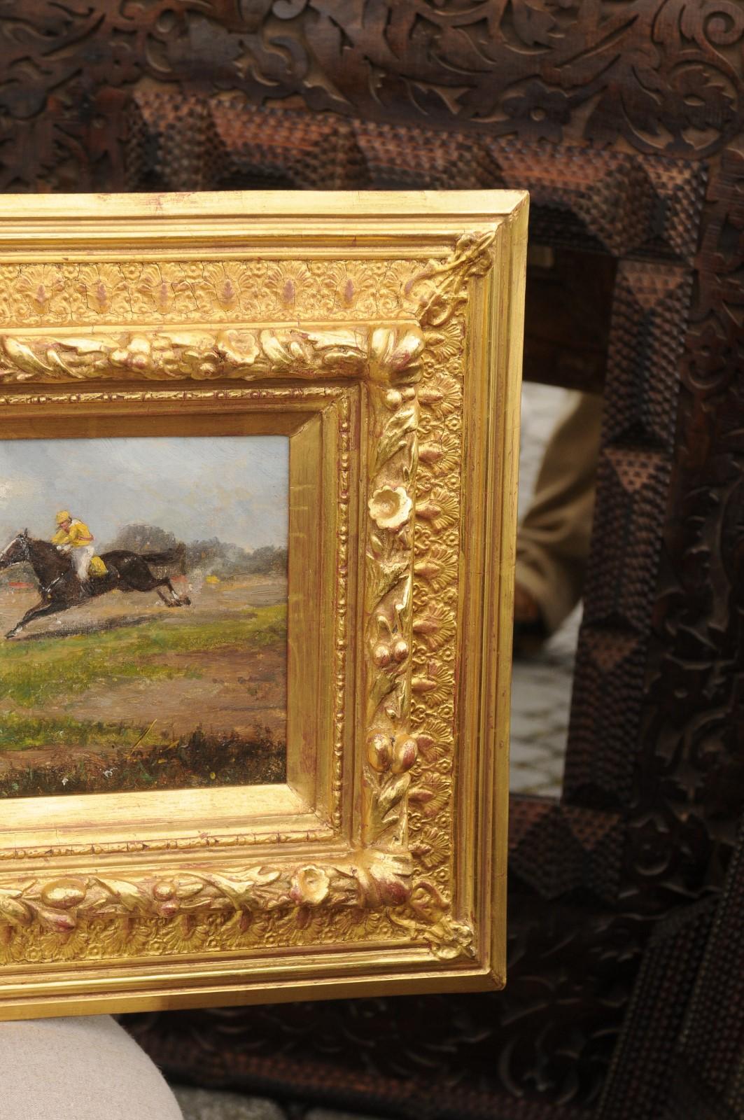 Pair of Late 19th Century American Oil Horse Racing Paintings in Giltwood Frames In Good Condition For Sale In Atlanta, GA