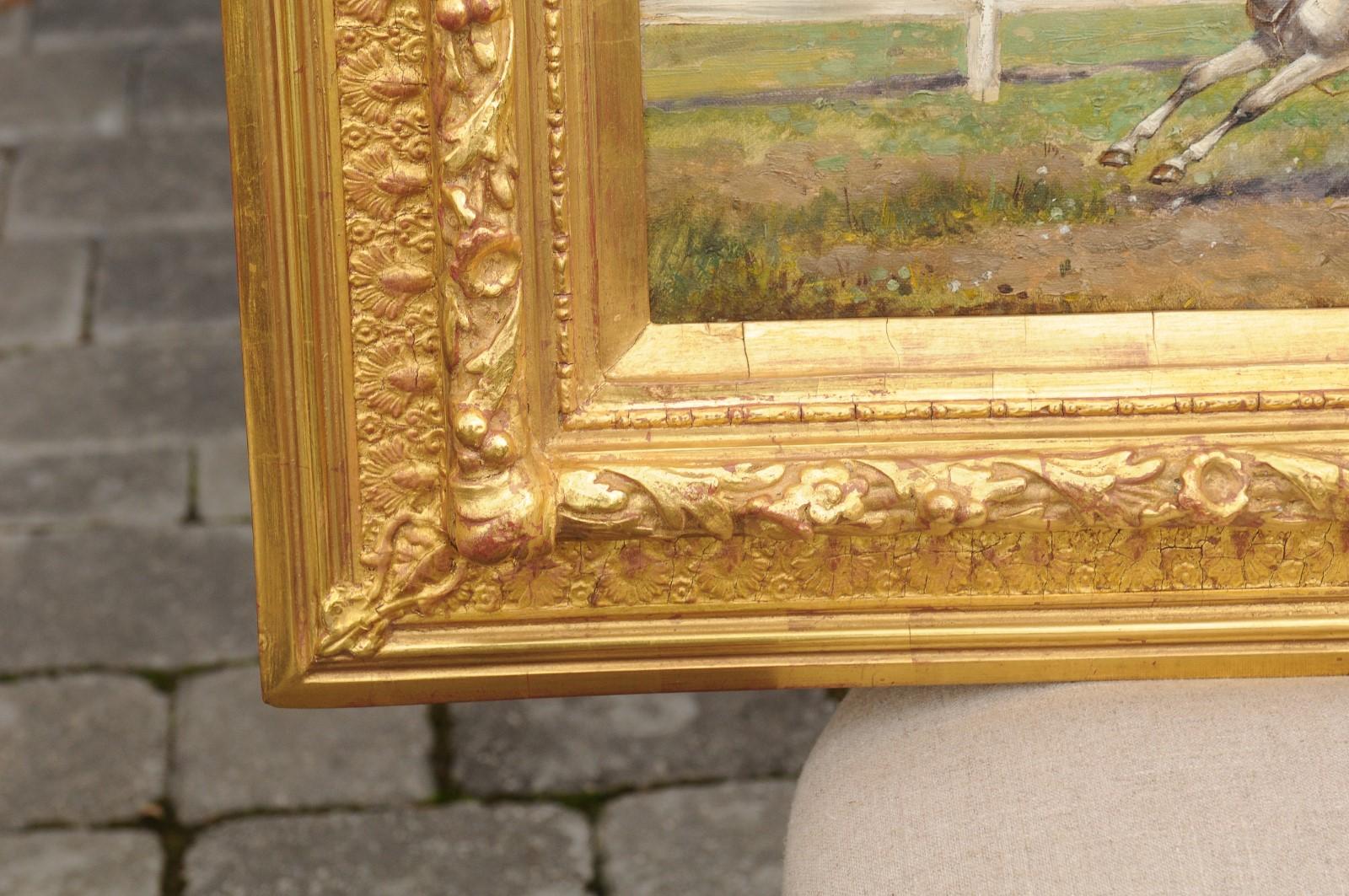 Pair of Late 19th Century American Oil Horse Racing Paintings in Giltwood Frames For Sale 1