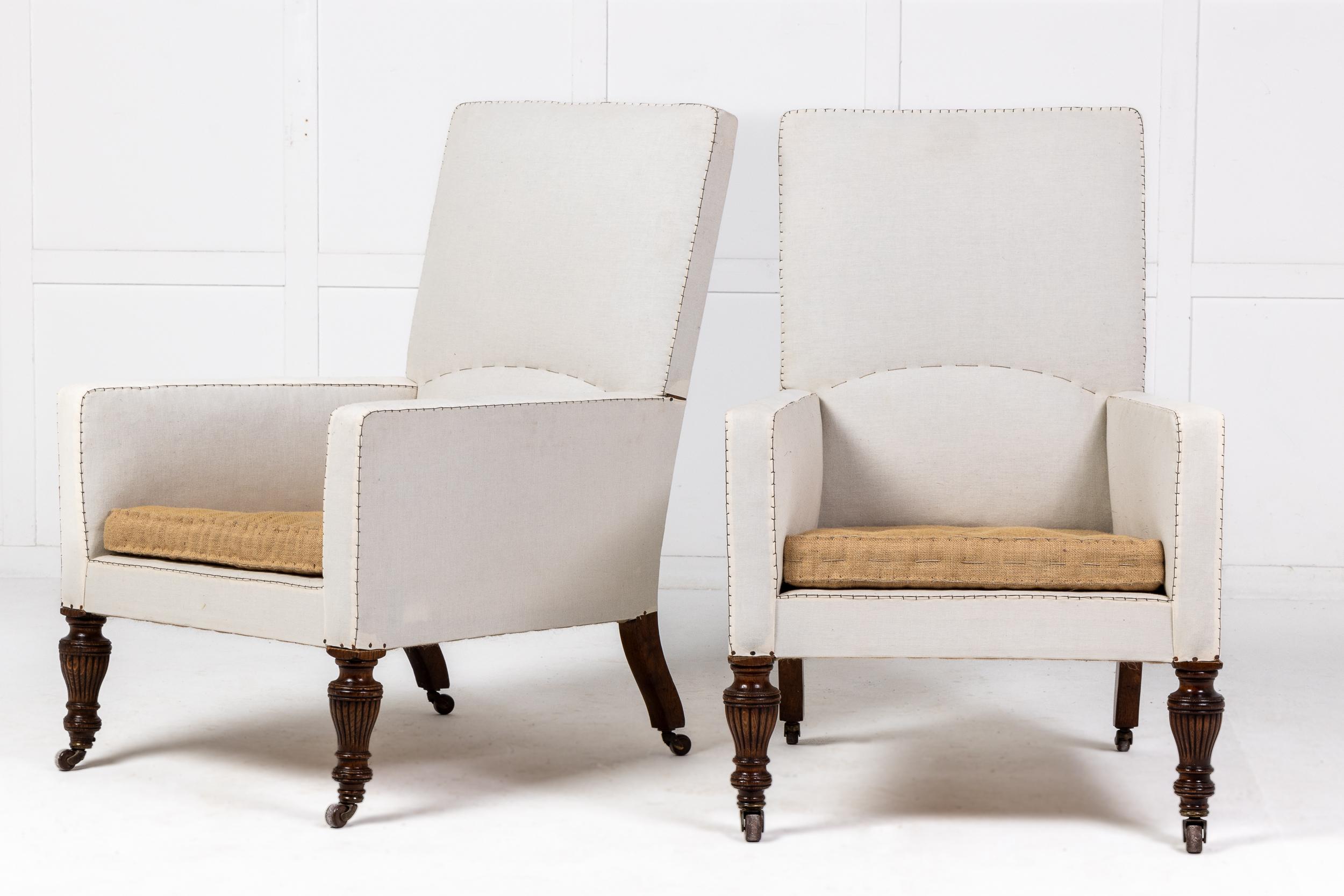 A Fine Pair of Late 19th Century Tub or Bergere Armchairs.

The upright square backs and arms are comfortable and practical and the baluster form turned and carved front legs are a sign of quality and they retain the original castors. These chairs