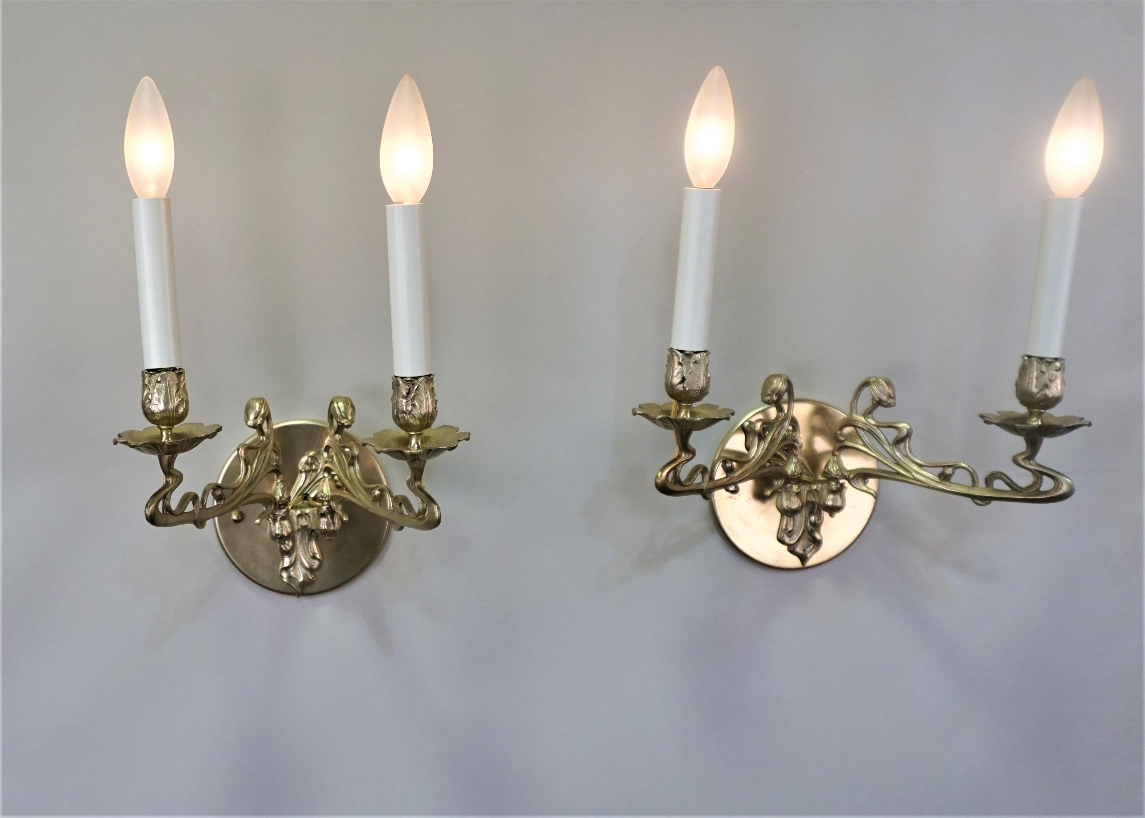 Pair of Late 19th Century Art Nouveau Bronze Piano-Wall sconces 1