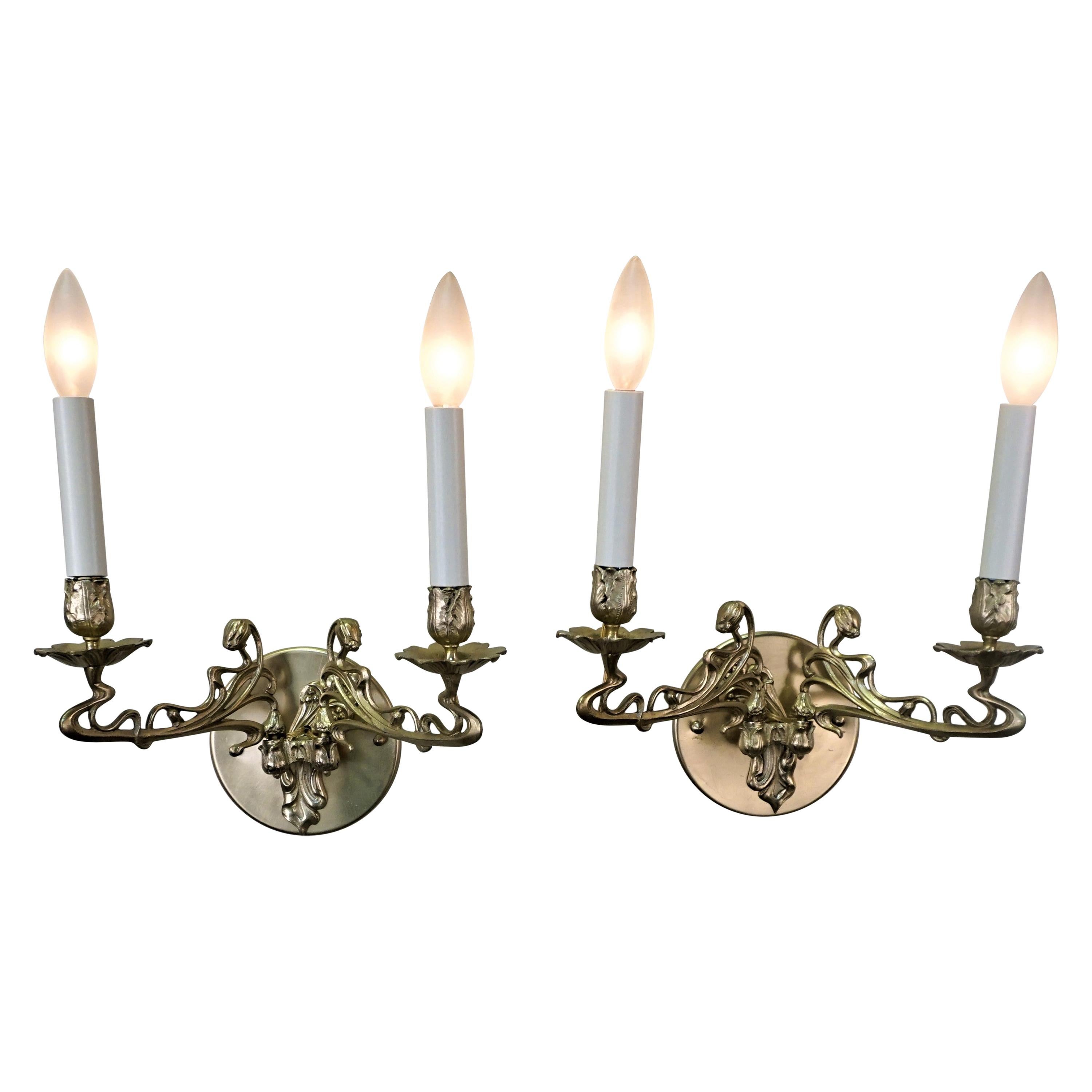 Pair of Late 19th Century Art Nouveau Bronze Piano-Wall sconces