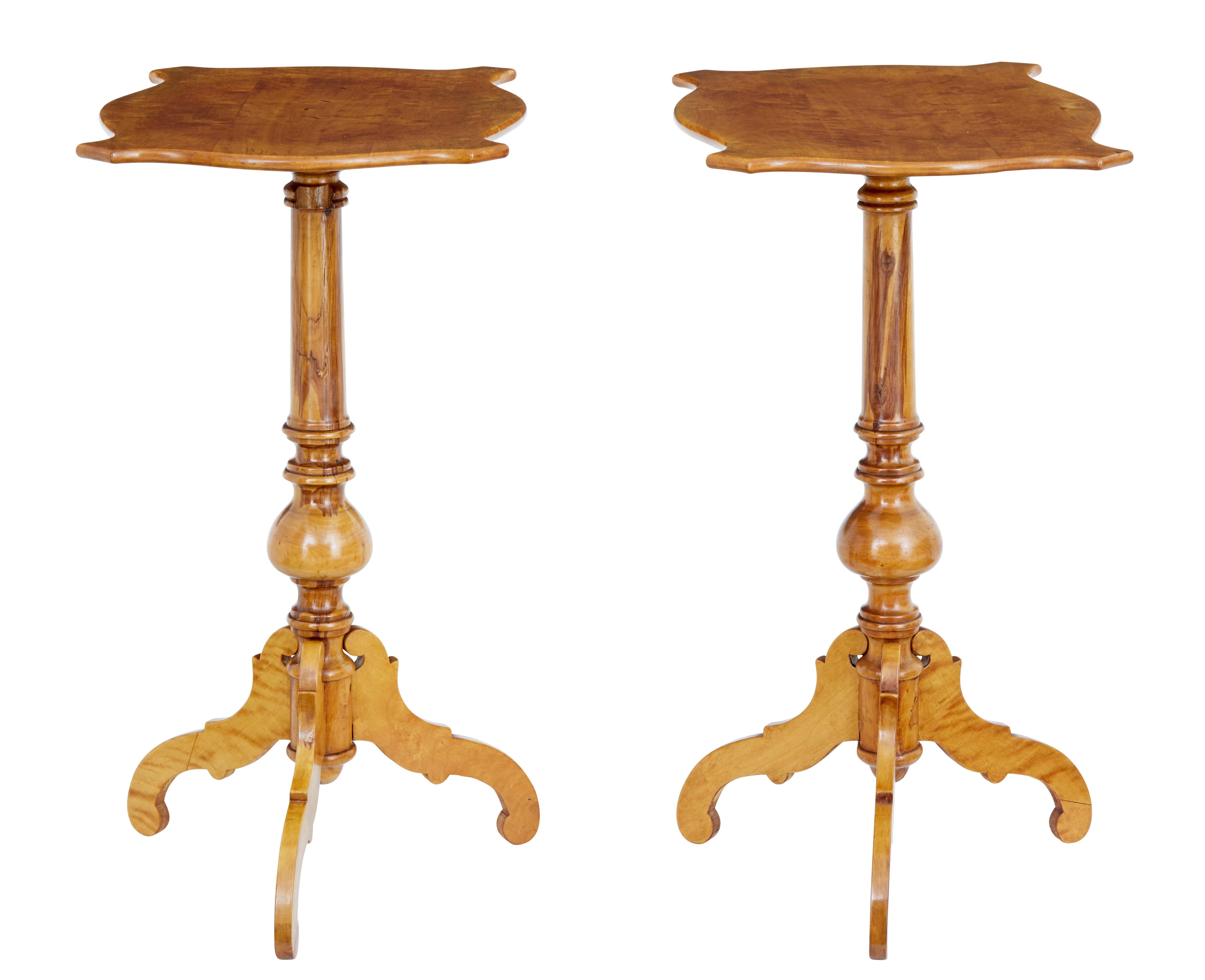 Good quality pair of 19th century Swedish birch side tables, circa 1890.

Shaped rectangular tops, standing on turned stem and scrolled tripod base. Functional as a pair of lamp tables or to be positioned about the home.

Rich golden birch color