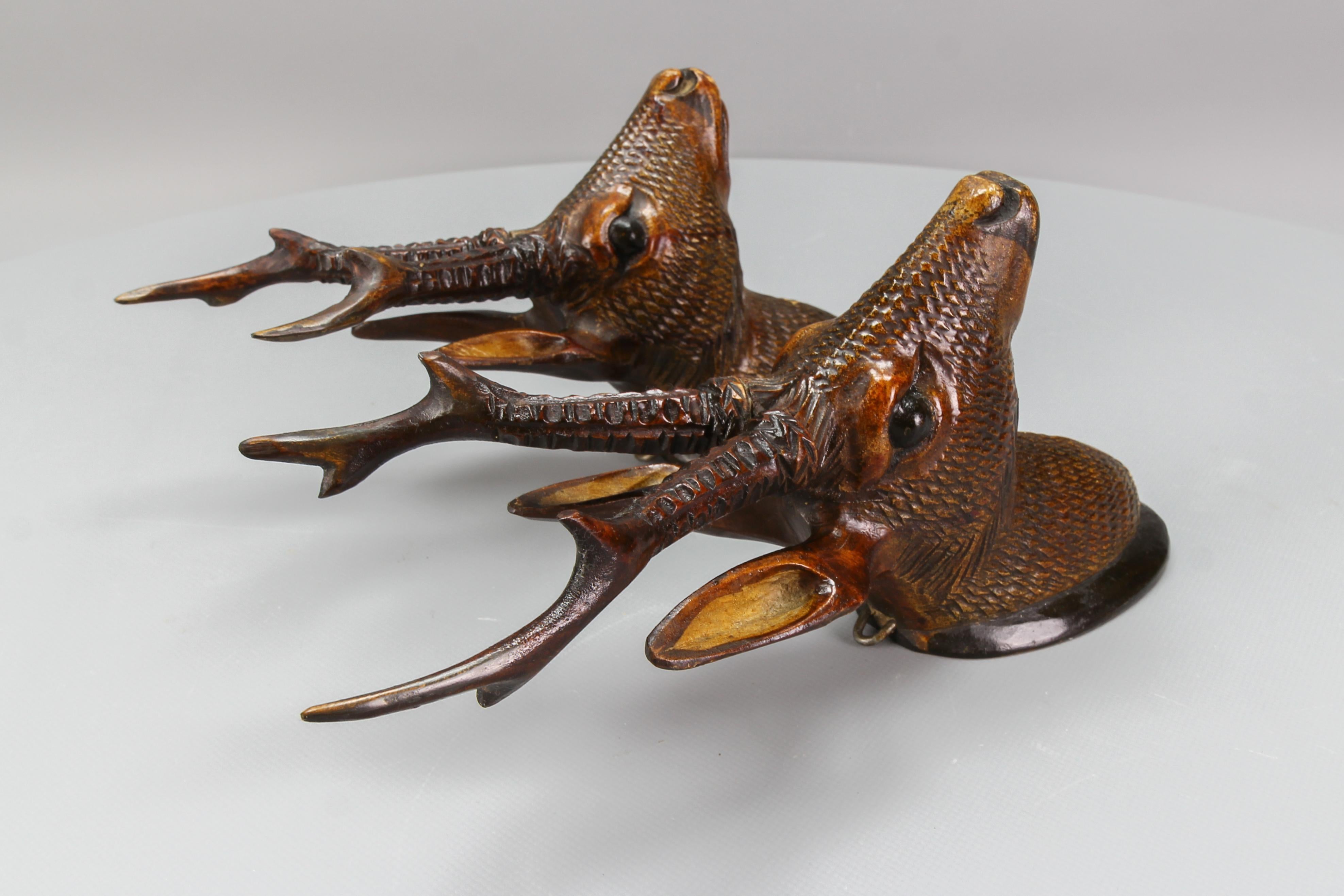 Metal Pair of Late 19th Century Black Forest Carved Roe Deer Heads Wall Mounts