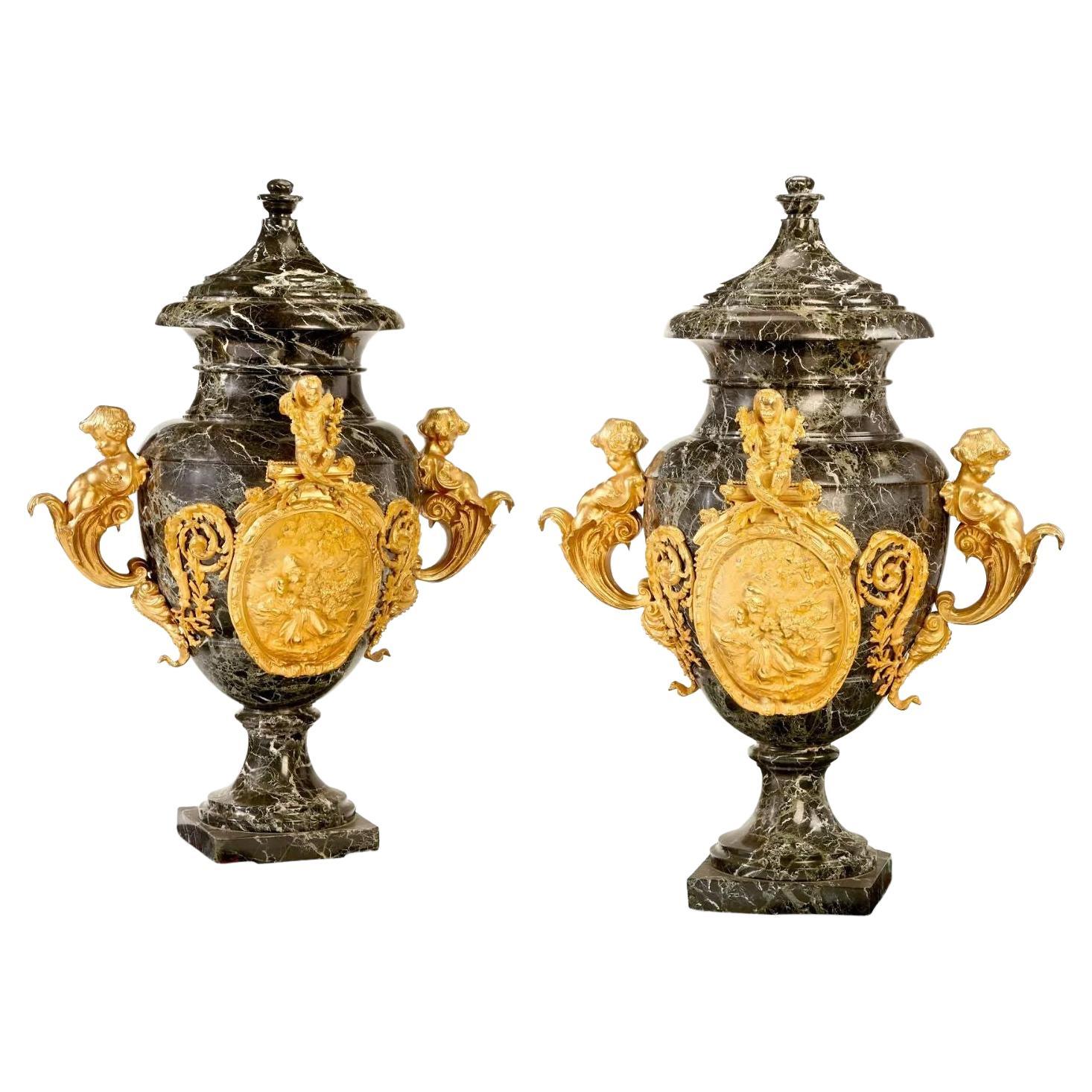 Pair of Late 19th Century Marble Gilt-Bronze Floor Urns For Sale