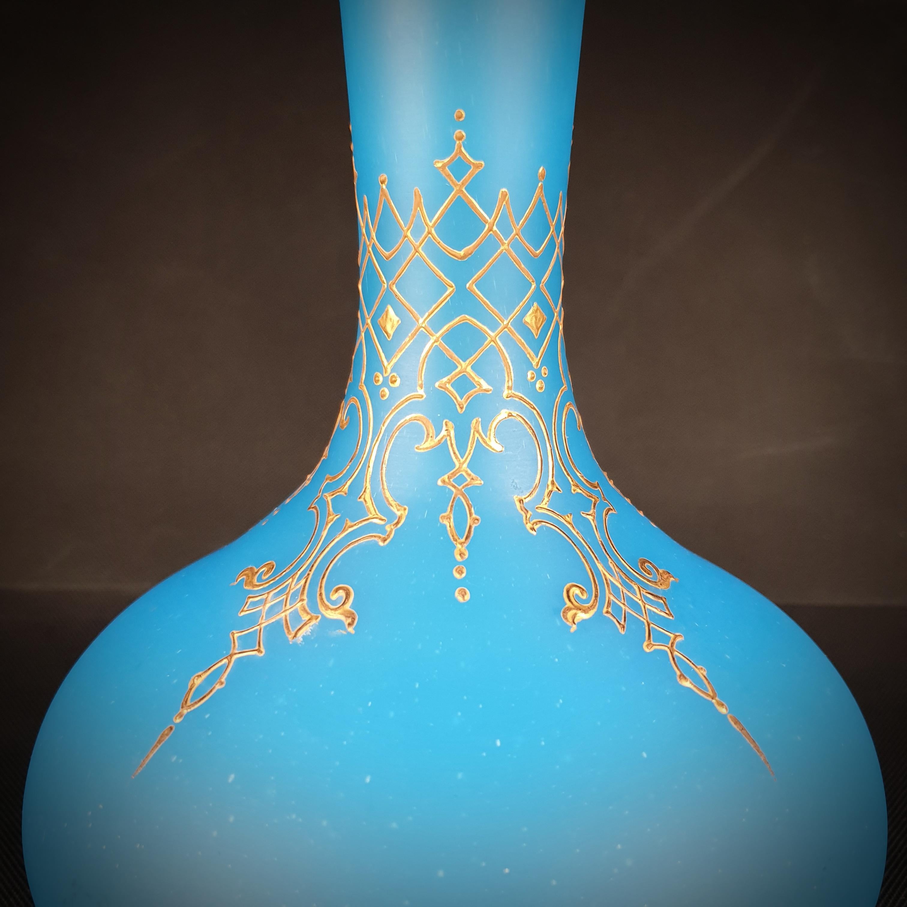 Opaline Glass Pair of Late 19th Century Blue Opaline Bohemian Drop-Shaped, Gilded Vases For Sale