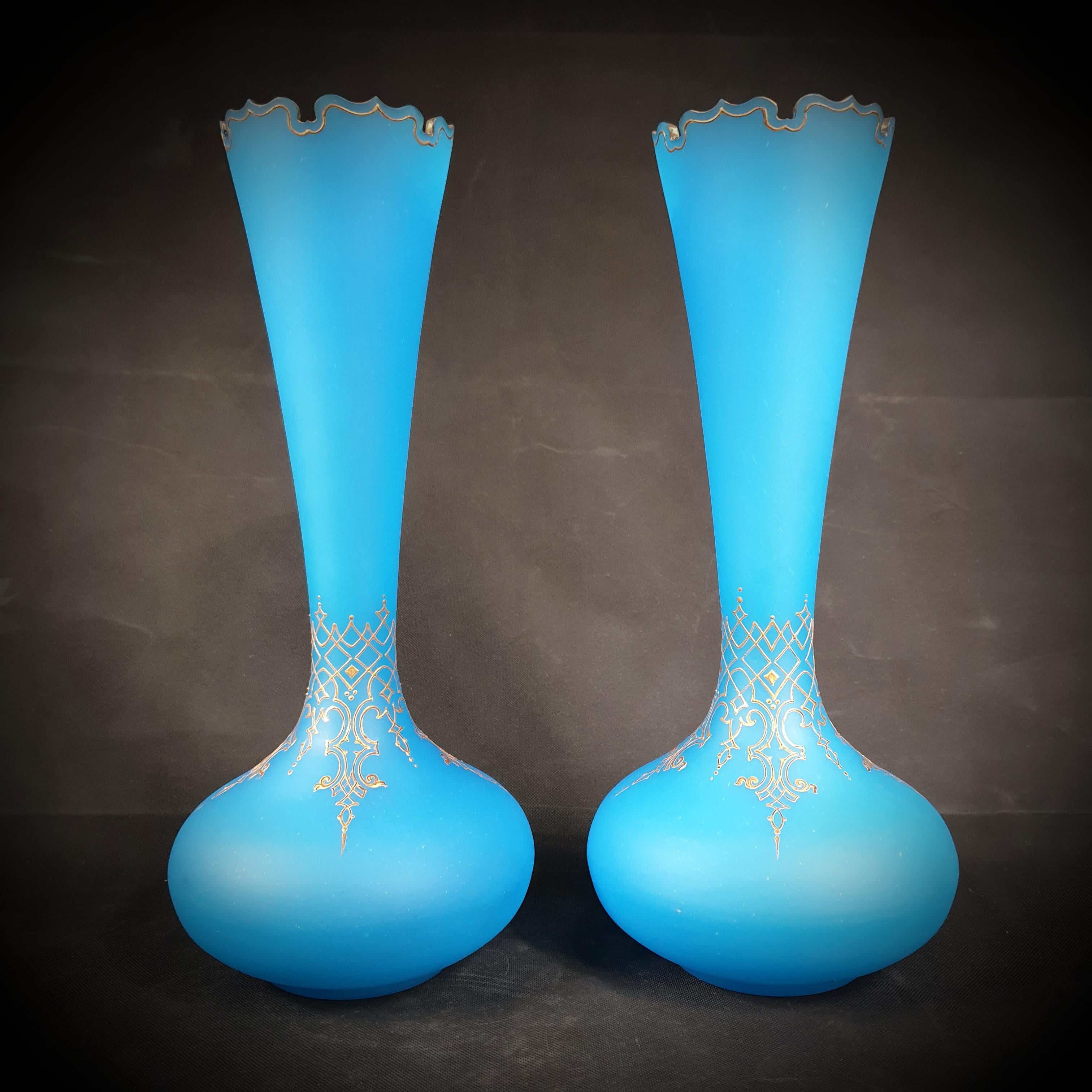 Pair of Late 19th Century Blue Opaline Bohemian Drop-Shaped, Gilded Vases For Sale 1