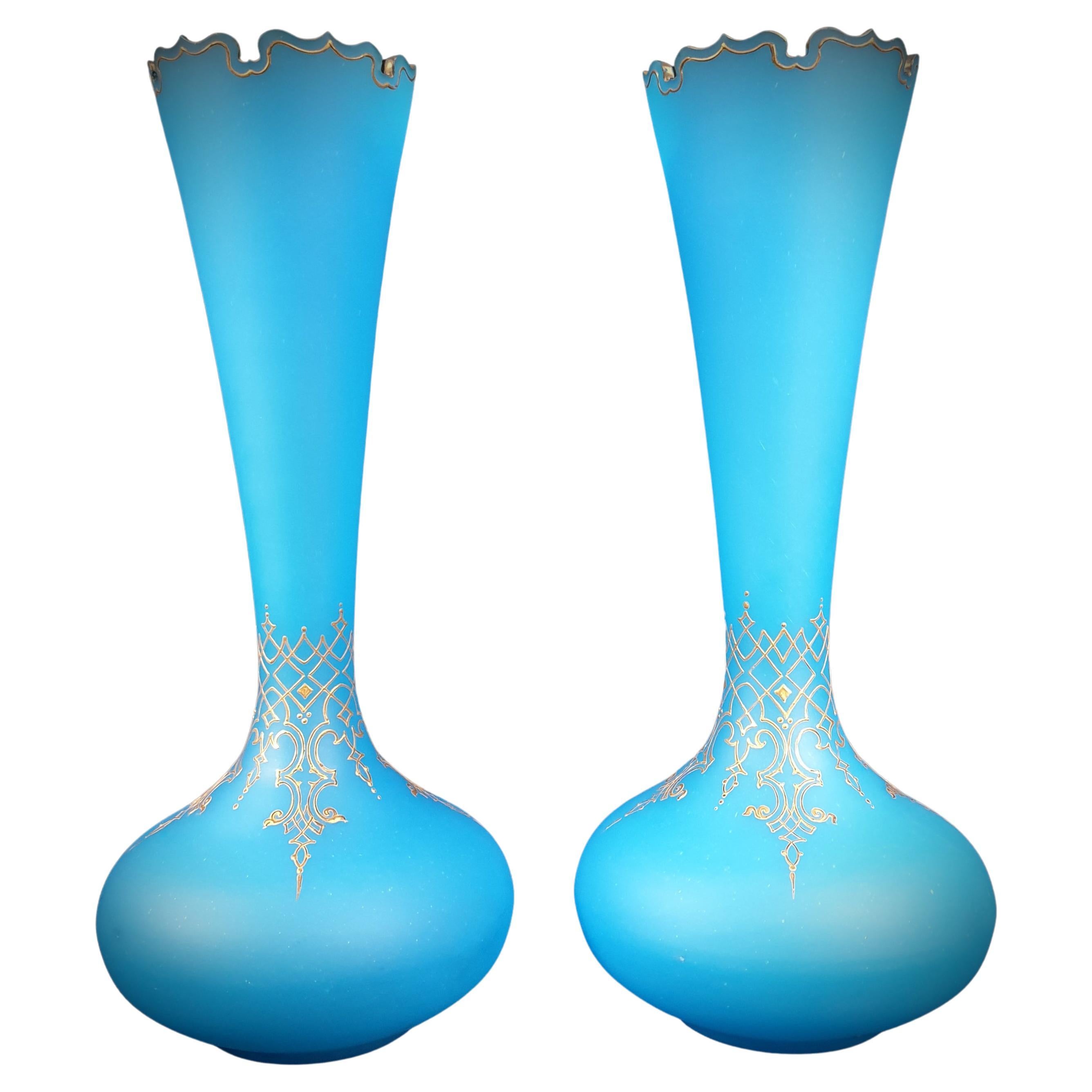 Pair of Late 19th Century Blue Opaline Bohemian Drop-Shaped, Gilded Vases For Sale