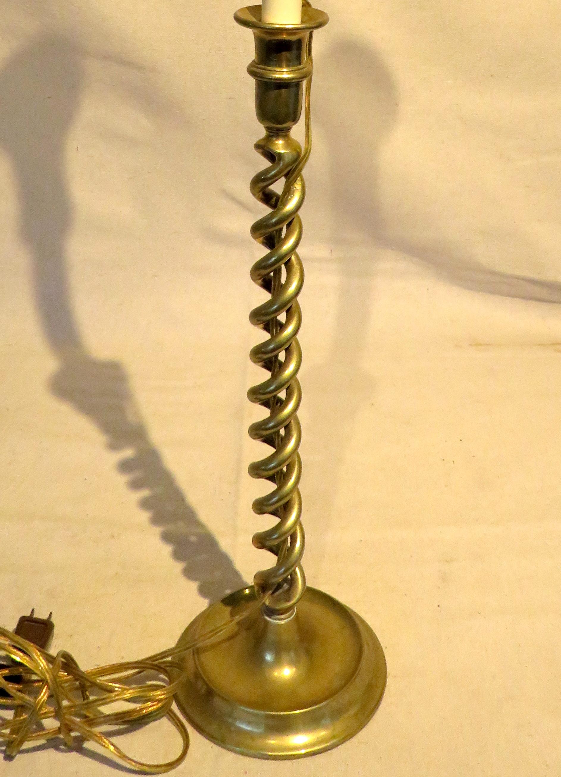 Pair of Late 19th Century Brass Barley Twist Candlestick Table Lamps In Good Condition In Nantucket, MA