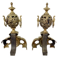 Pair Of Late 19th Century Brass Lion's Head Andirons