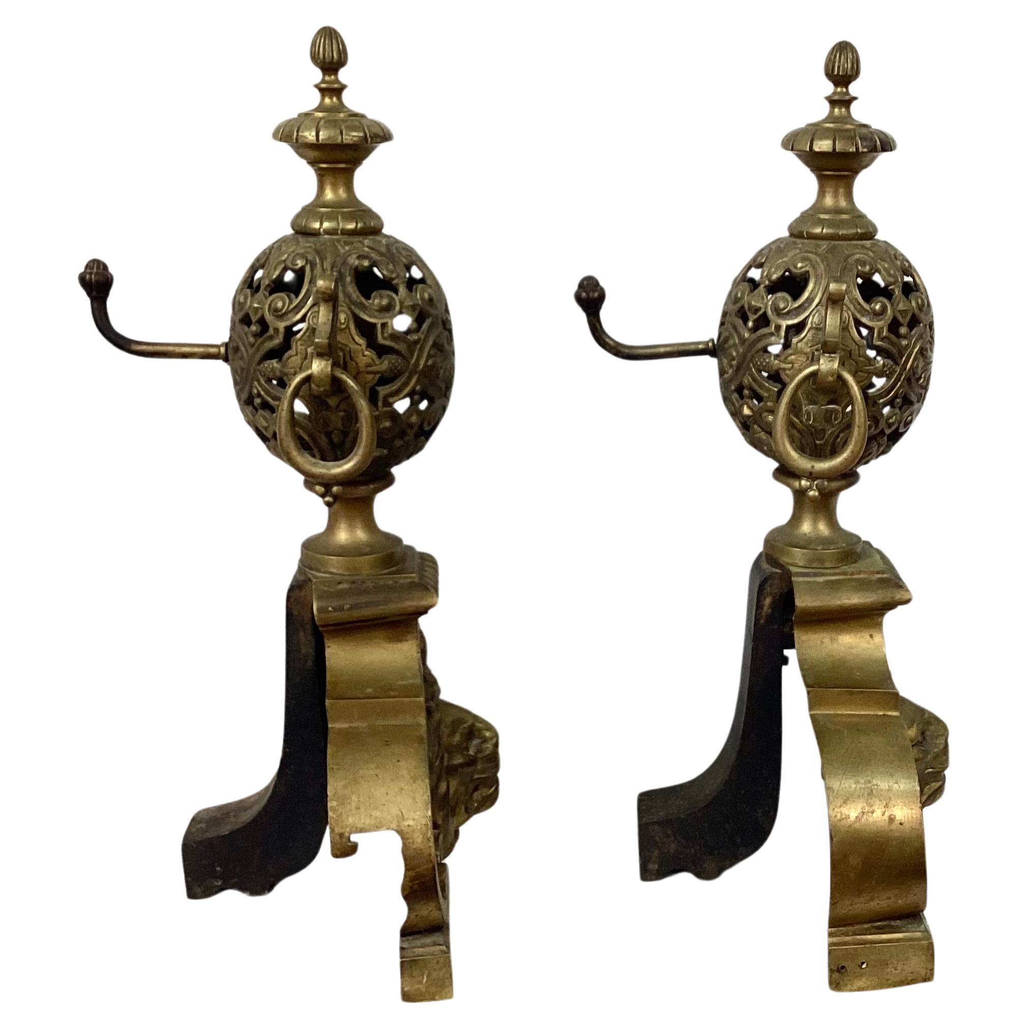 Baroque Pair Of Late 19th Century Brass Lion's Head Andirons For Sale