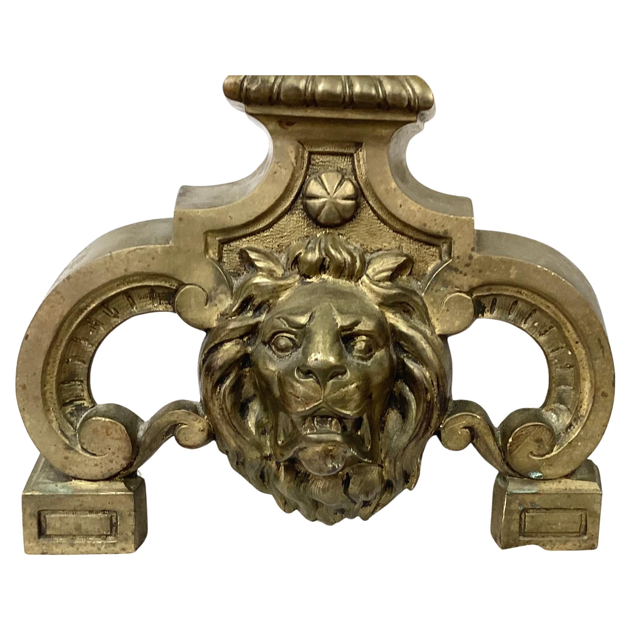 XIXe siècle Paire de chenets à tête de lion en laiton de la fin du 19e siècle en vente