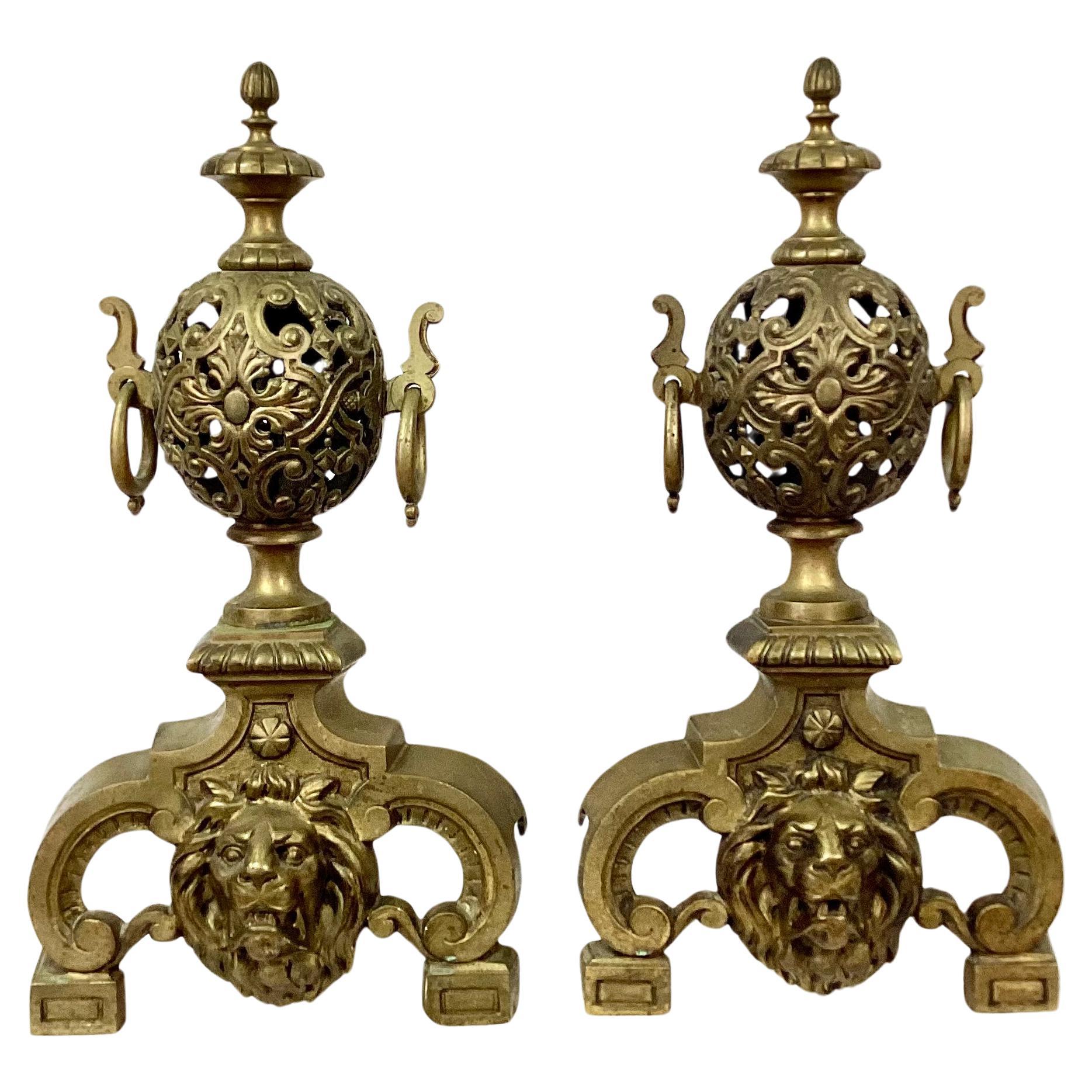 Pair Of Late 19th Century Brass Lion's Head Andirons For Sale